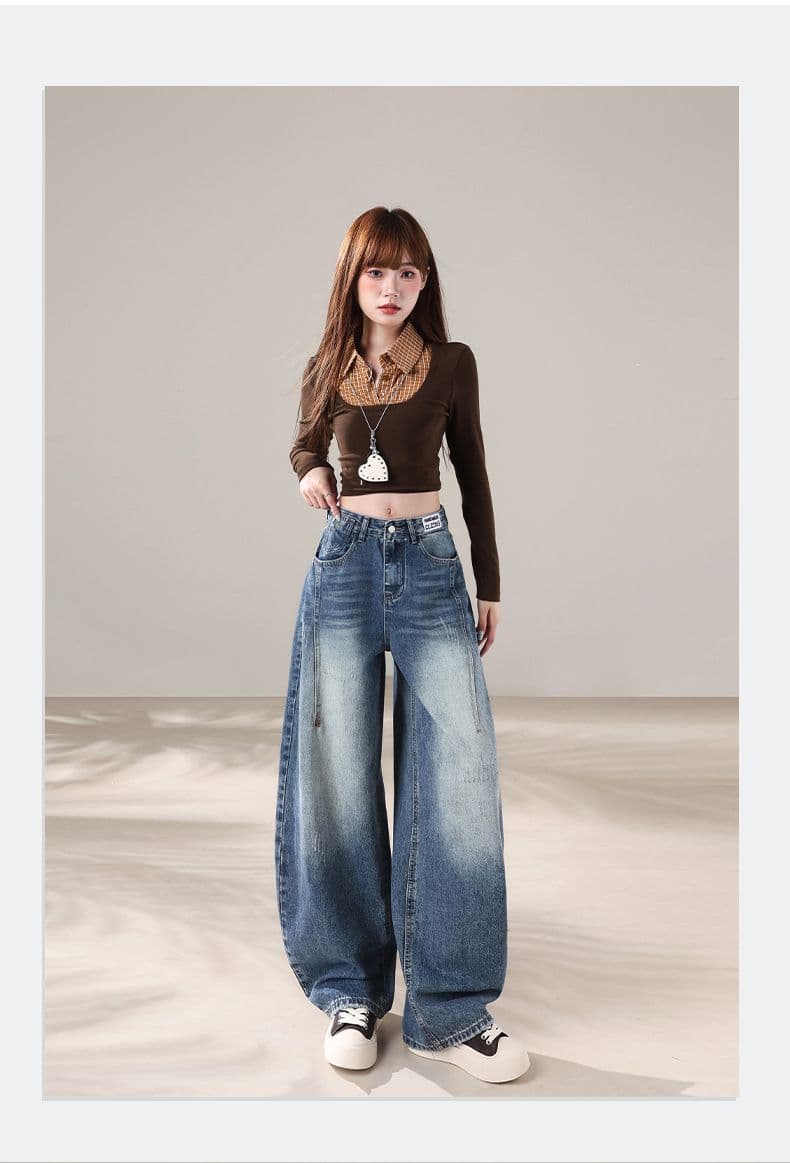 아메리칸 레트로 파란색 넓은 다리 청바지 루즈핏 슬림해 보이는 도루 센스 모통이 칼 바지 여성 상세 이미지 17