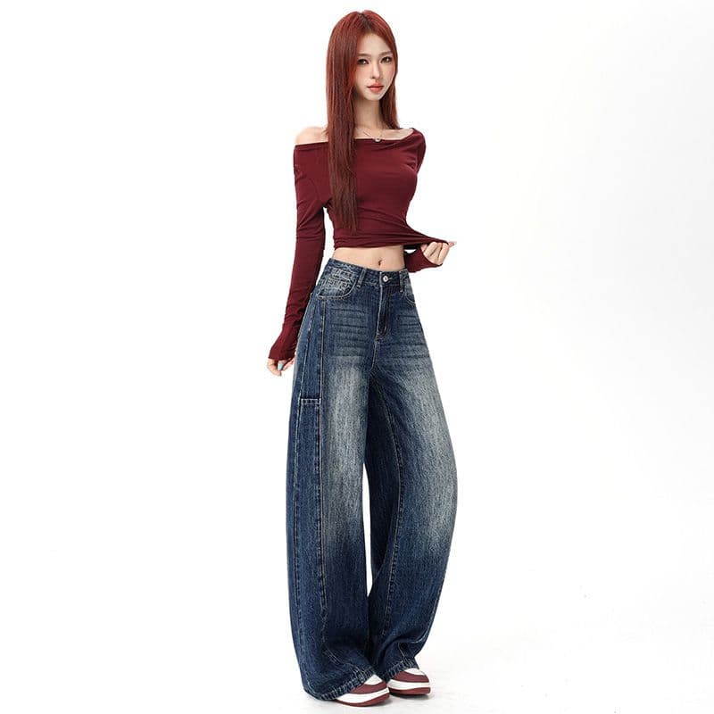 레트로 워싱 하이웨이스트 넓은 다리 청바지 여성 2026 가을 새로운 루즈핏 다용도 모통이 칼 바닥 청소 바지 이미지 4