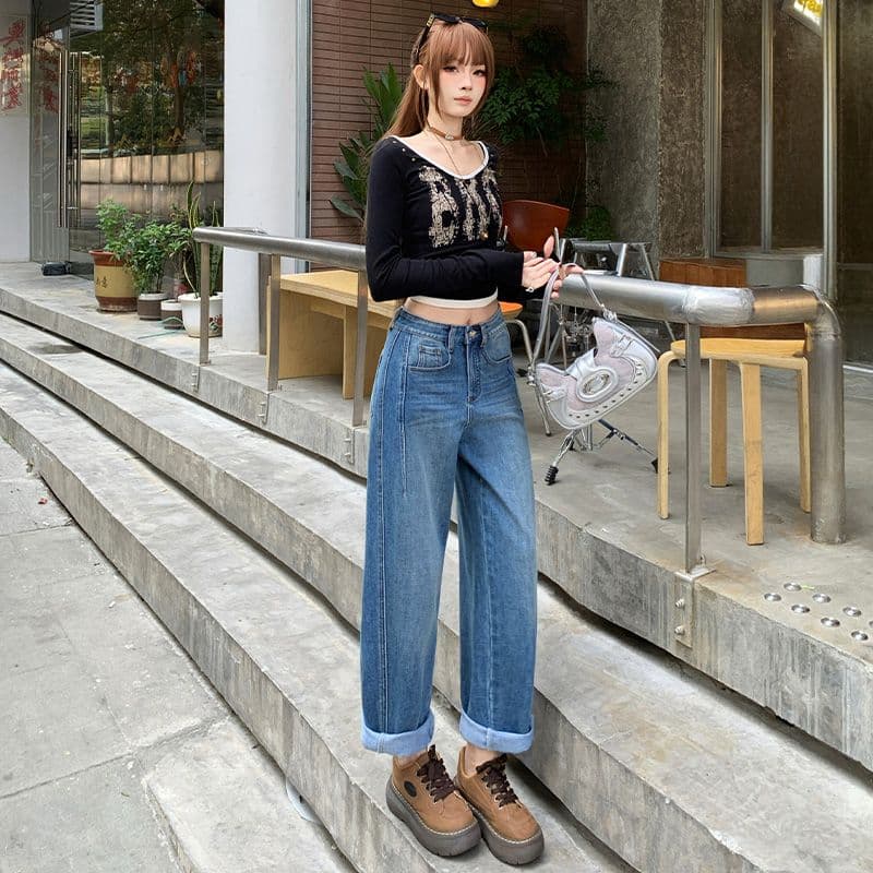 가을 새로운 마이크로 폭탄 작은 키 슬림해 보이는 9 포인트 청바지 여성 루즈핏 아빠 바지 이미지 4