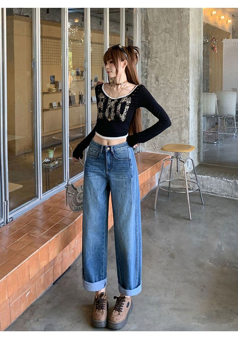 가을 새로운 마이크로 폭탄 작은 키 슬림해 보이는 9 포인트 청바지 여성 루즈핏 아빠 바지 상세 이미지 8