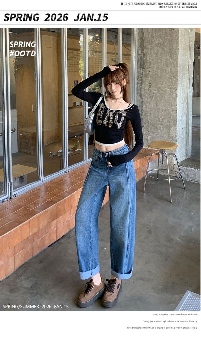 가을 새로운 마이크로 폭탄 작은 키 슬림해 보이는 9 포인트 청바지 여성 루즈핏 아빠 바지 상세 이미지 3