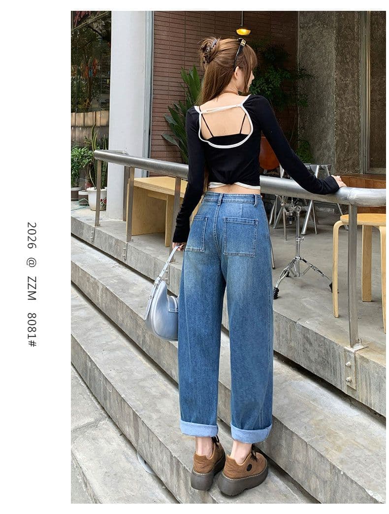가을 새로운 마이크로 폭탄 작은 키 슬림해 보이는 9 포인트 청바지 여성 루즈핏 아빠 바지 상세 이미지 1