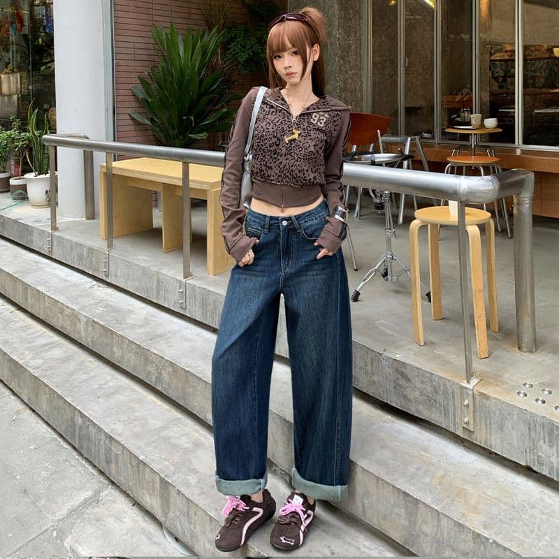 가을 하이웨이스트 슬림해 보이는 루즈핏 작은 키 지방 mm 모통이 칼 청바지 여성 넓은 다리 아빠 바지 이미지 2