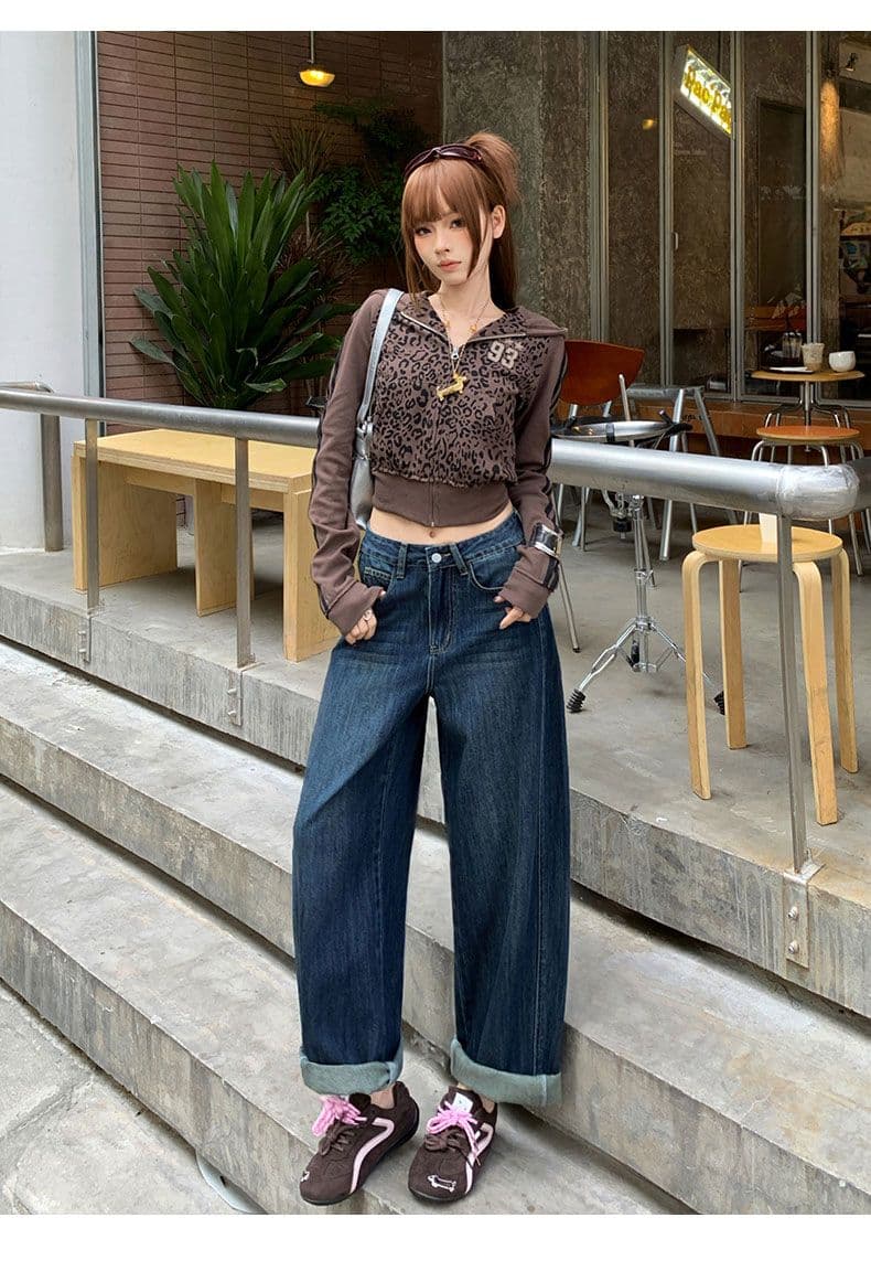가을 하이웨이스트 슬림해 보이는 루즈핏 작은 키 지방 mm 모통이 칼 청바지 여성 넓은 다리 아빠 바지 상세 이미지 6