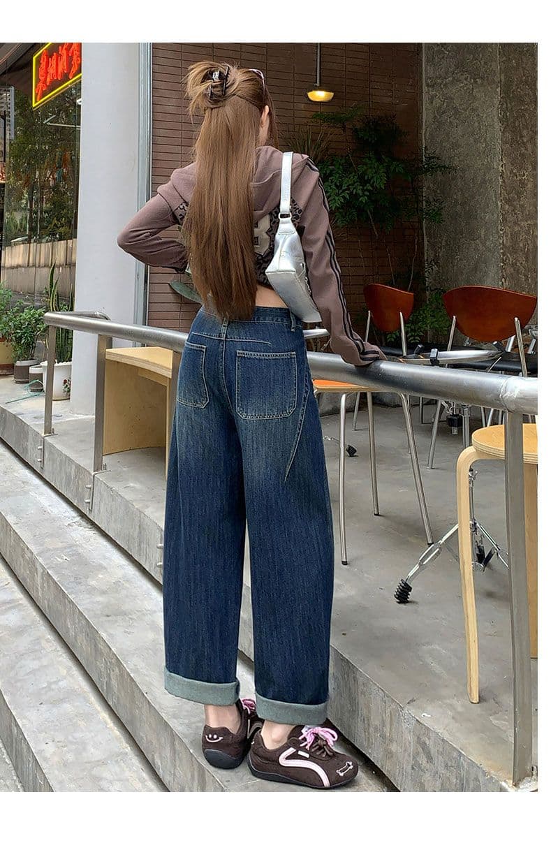 가을 하이웨이스트 슬림해 보이는 루즈핏 작은 키 지방 mm 모통이 칼 청바지 여성 넓은 다리 아빠 바지 상세 이미지 7