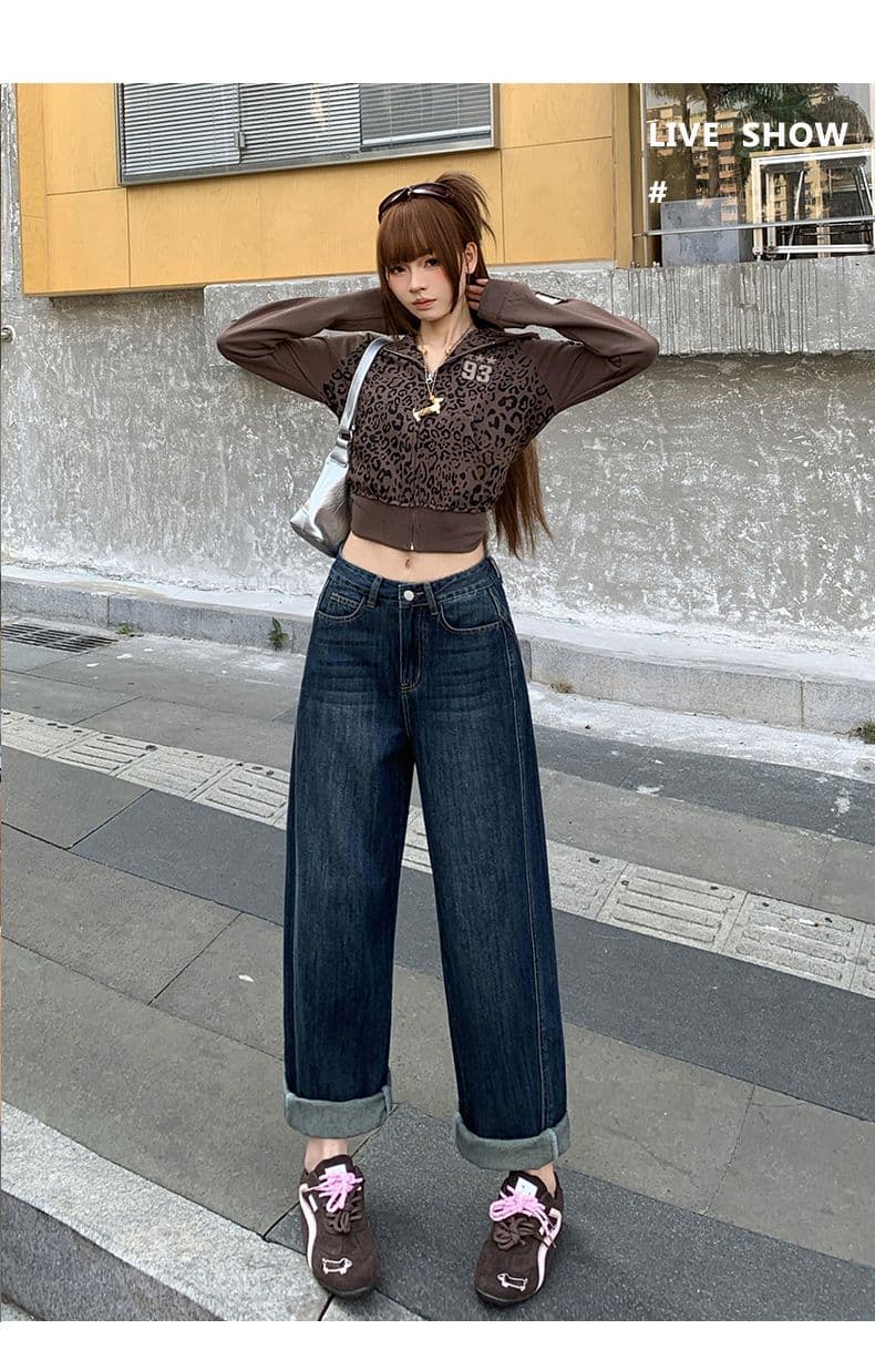 가을 하이웨이스트 슬림해 보이는 루즈핏 작은 키 지방 mm 모통이 칼 청바지 여성 넓은 다리 아빠 바지 상세 이미지 9