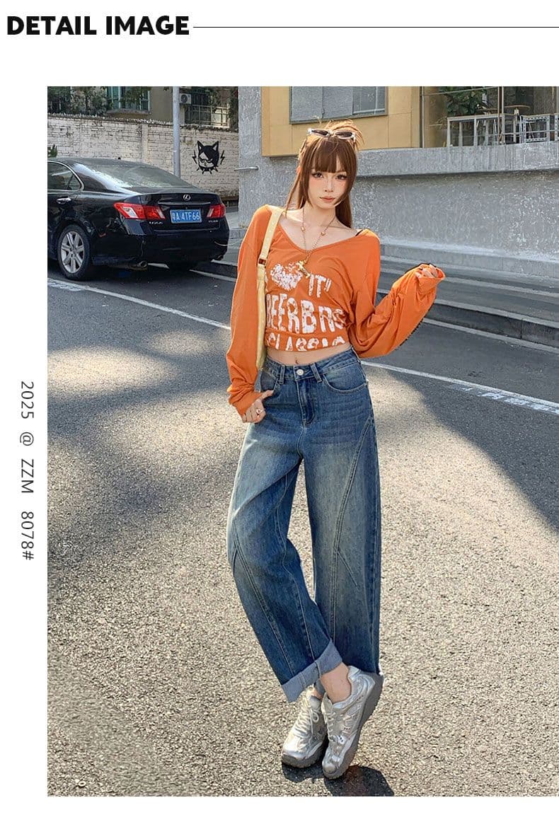 2026 가을 새로운 마이크로 폭탄 하이웨이스트 할란 청바지 여성 루즈핏 슬림해 보이는 작은 키 모통이 칼 아빠 바지 상세 이미지 5