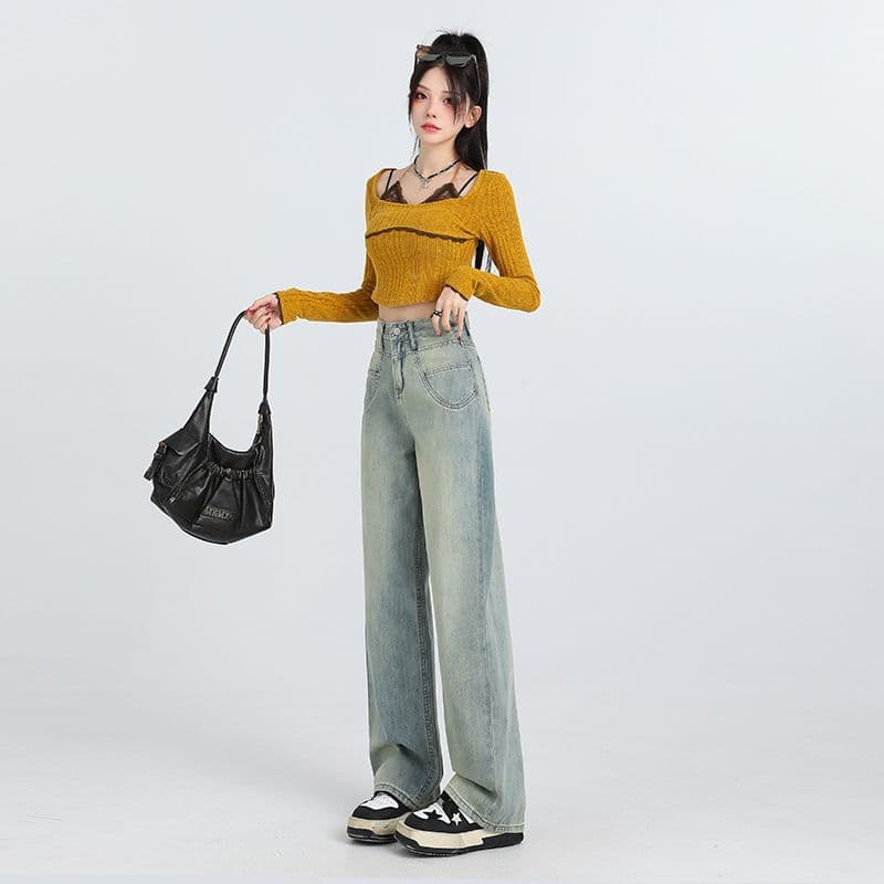 아메리칸 레트로 넓은 다리 청바지 여성 2026 가을 디자인 센스 하이웨이스트 루즈핏 슬림해 보이는 도루 센스 스트레이트 바지 이미지 2