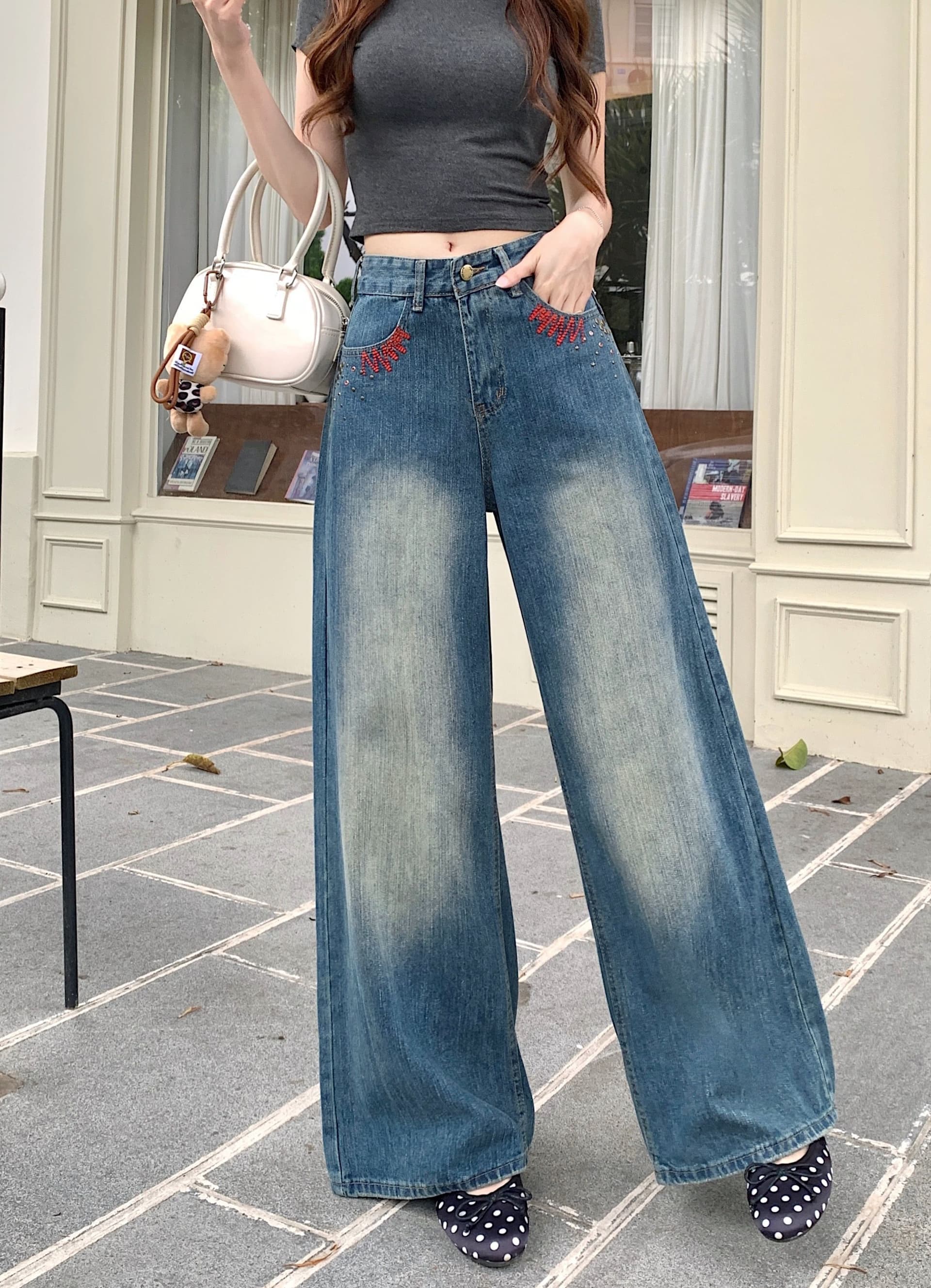 아메리칸 레트로 대나무 마디 곡물 자수 모통이 칼 청바지 여성 봄 여름 루즈핏 스트레이트 넓은 다리 낫 바지 상세 이미지 3
