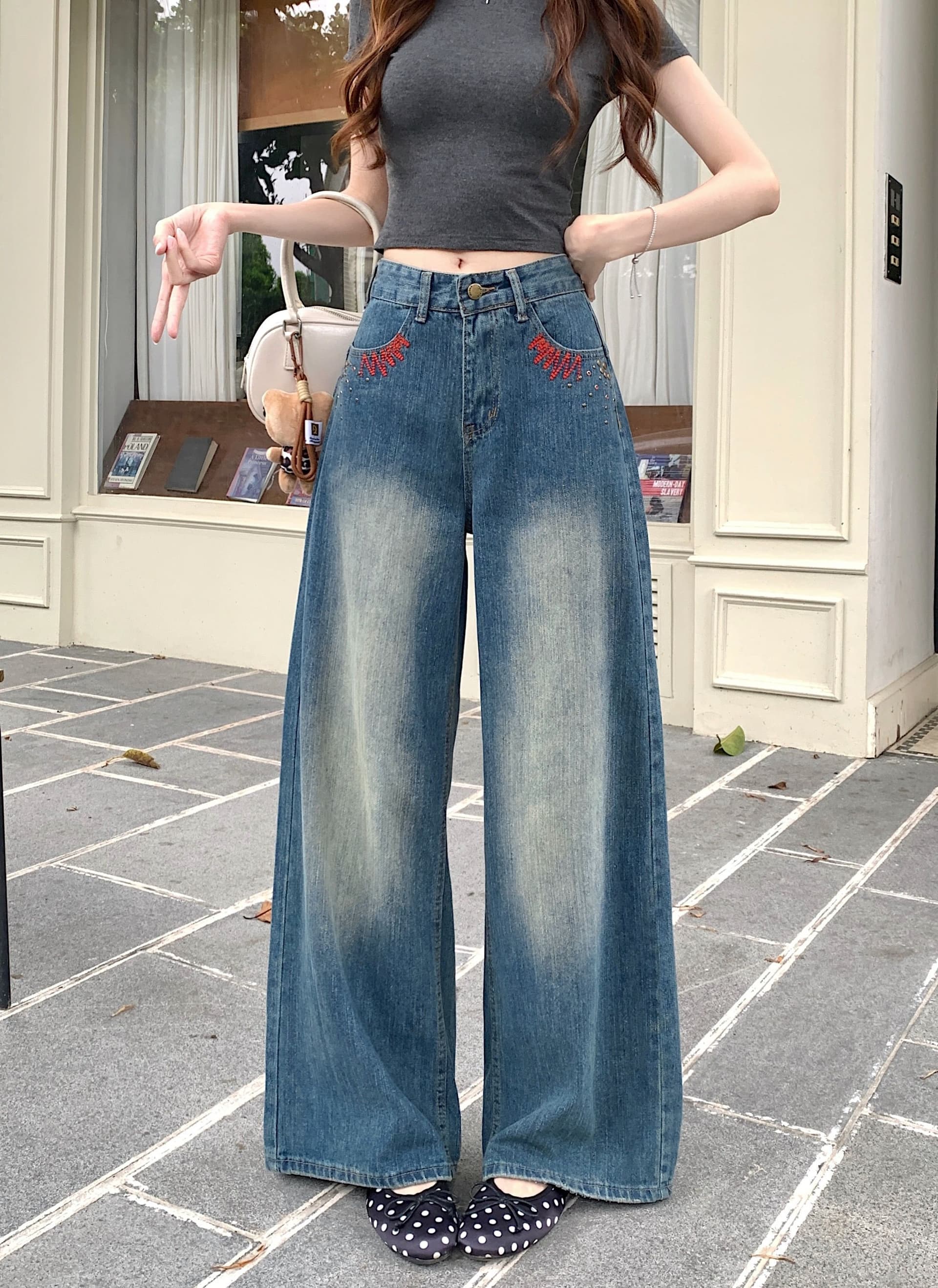 아메리칸 레트로 대나무 마디 곡물 자수 모통이 칼 청바지 여성 봄 여름 루즈핏 스트레이트 넓은 다리 낫 바지 상세 이미지 2