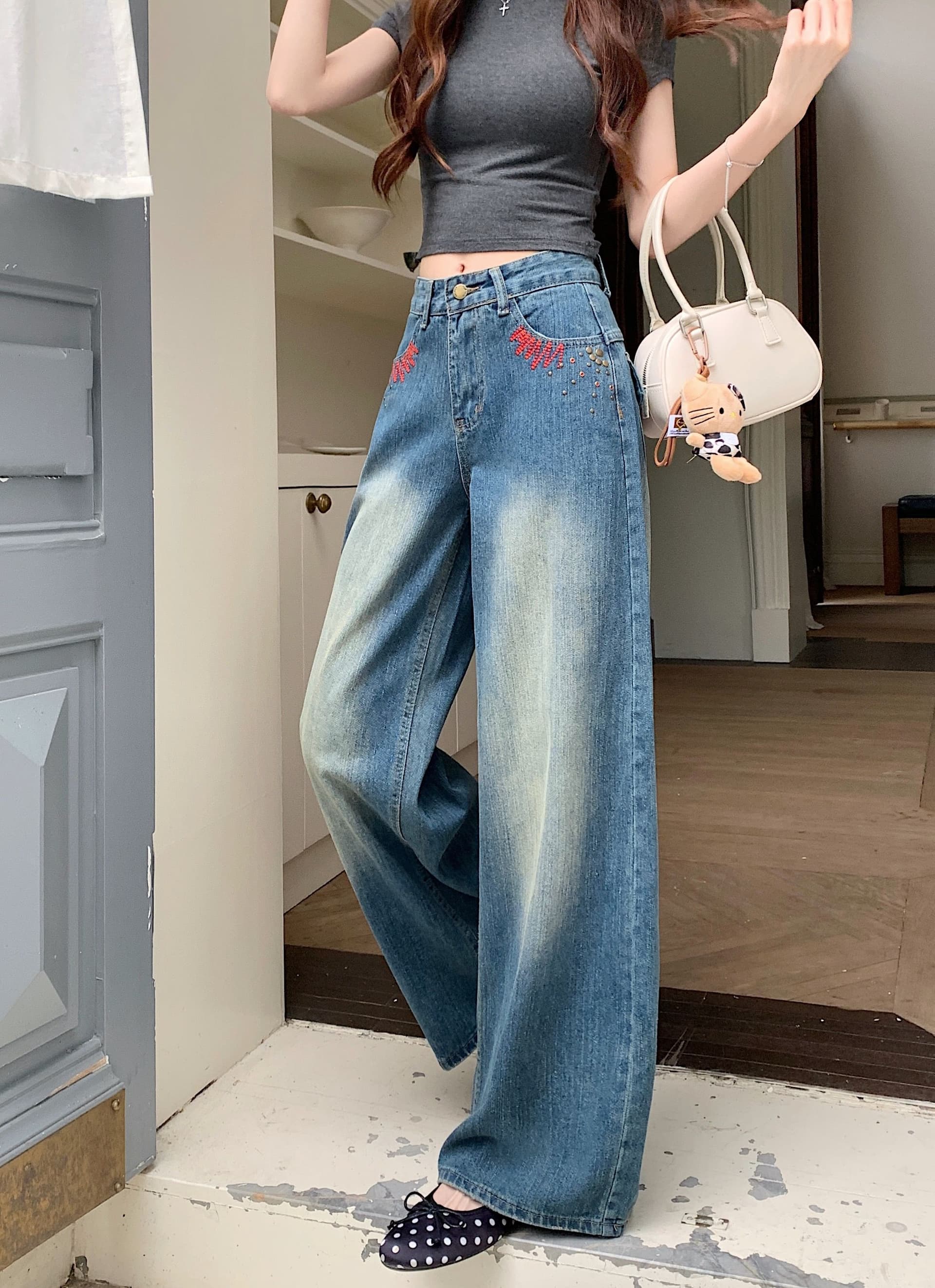 아메리칸 레트로 대나무 마디 곡물 자수 모통이 칼 청바지 여성 봄 여름 루즈핏 스트레이트 넓은 다리 낫 바지 상세 이미지 13