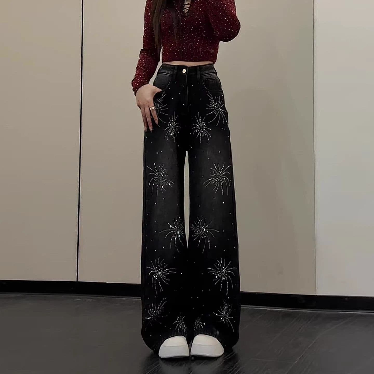 핫픽스 불꽃놀이 넓은 다리 청바지 여성 하이웨이스트 캐주얼 2026 봄 새로운 루즈핏 작은 키 스트레이트 바닥 청소 바지