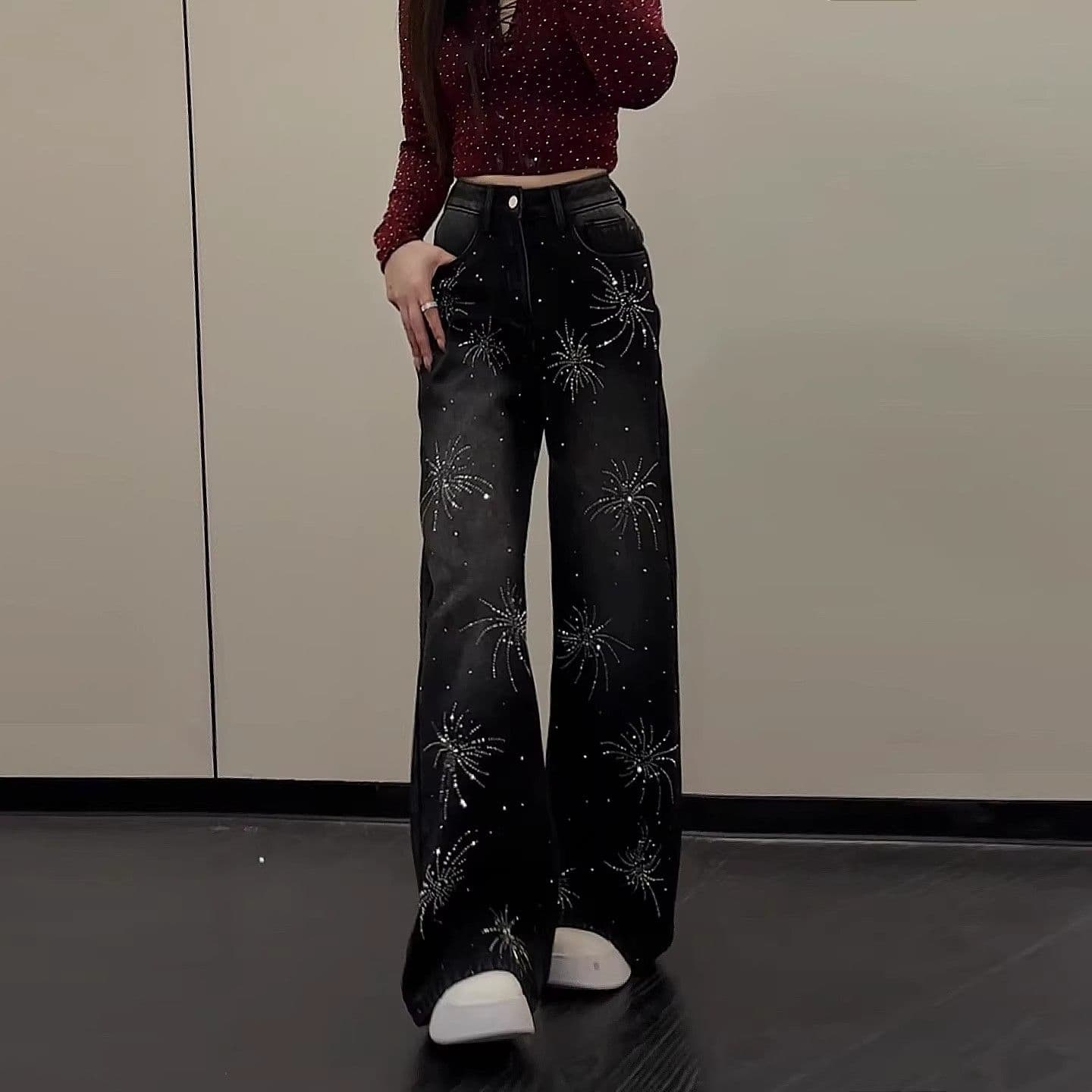 핫픽스 불꽃놀이 넓은 다리 청바지 여성 하이웨이스트 캐주얼 2026 봄 새로운 루즈핏 작은 키 스트레이트 바닥 청소 바지 이미지 3