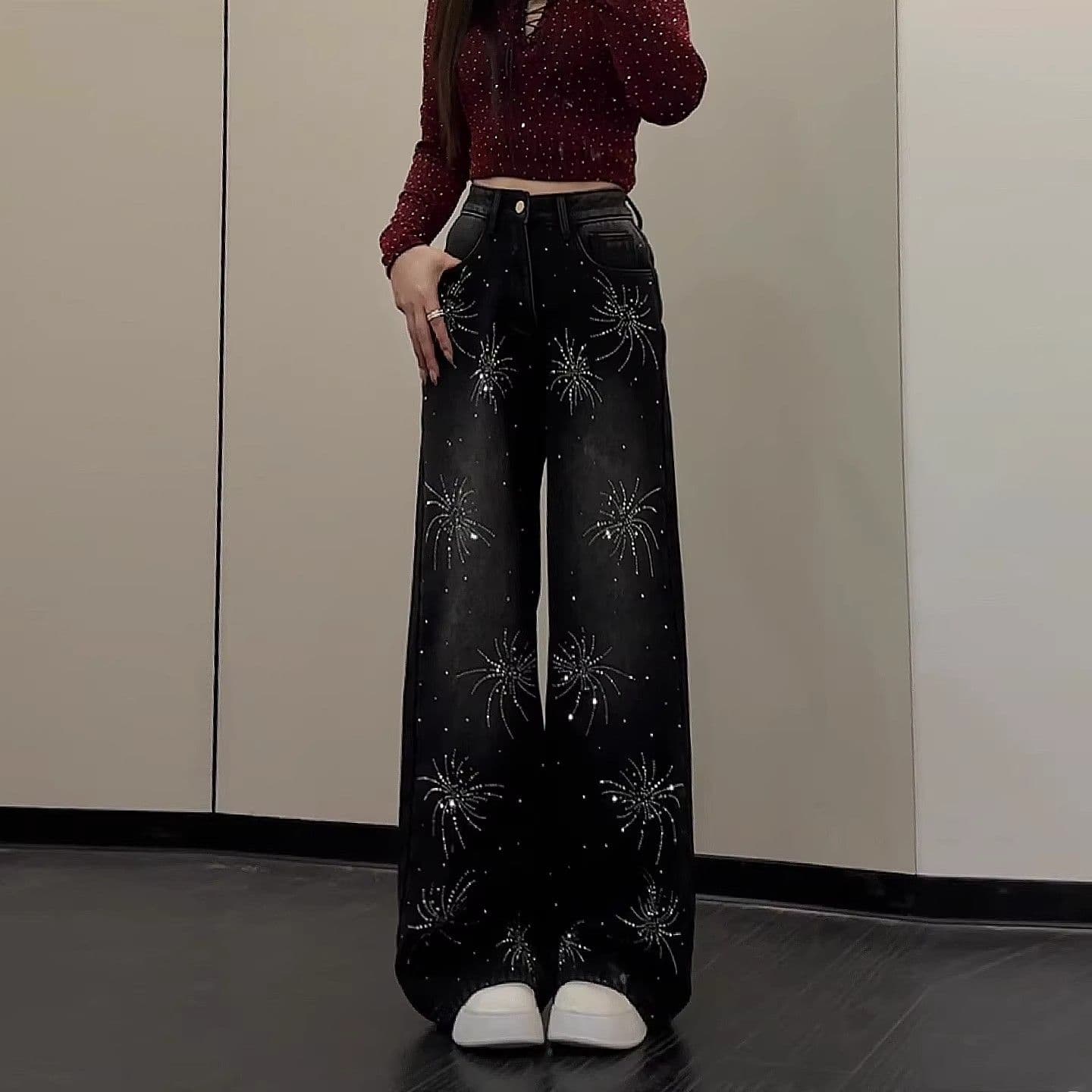 핫픽스 불꽃놀이 넓은 다리 청바지 여성 하이웨이스트 캐주얼 2026 봄 새로운 루즈핏 작은 키 스트레이트 바닥 청소 바지 상세 이미지 1