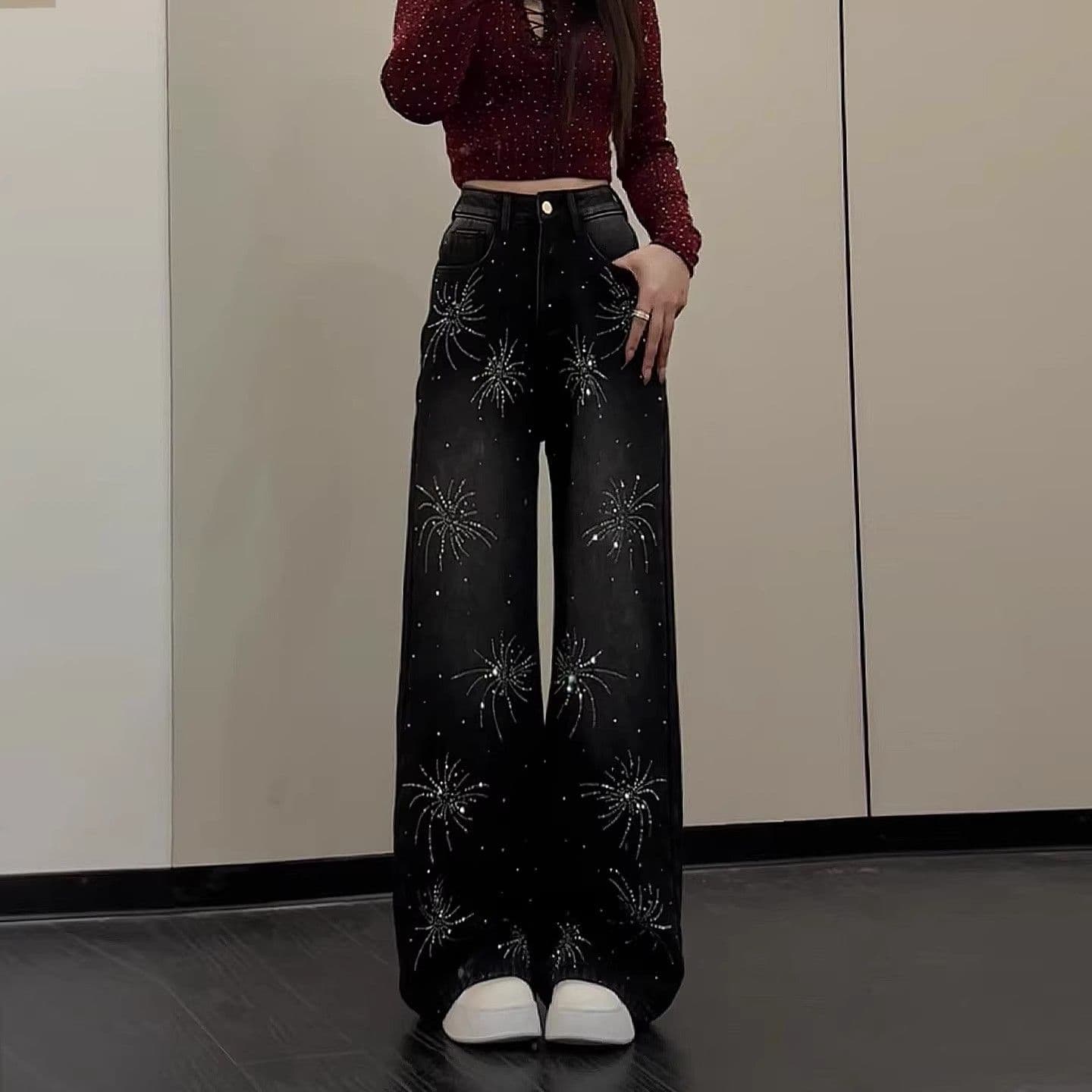 핫픽스 불꽃놀이 넓은 다리 청바지 여성 하이웨이스트 캐주얼 2026 봄 새로운 루즈핏 작은 키 스트레이트 바닥 청소 바지 상세 이미지 10