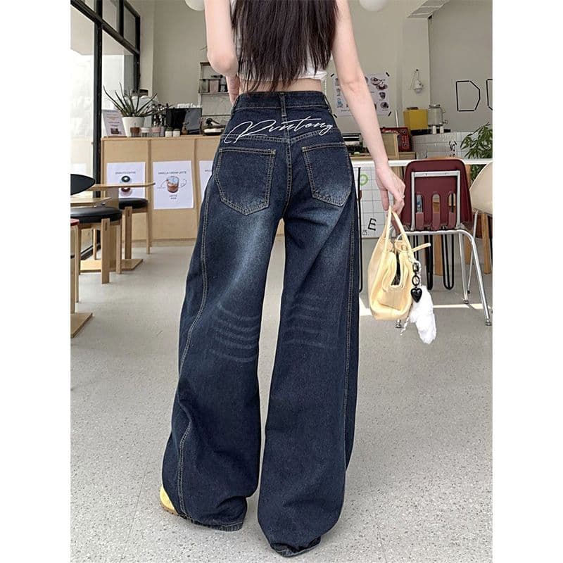 모통이 칼 디자인 워싱 새로운 청바지 아메리칸 레트로 높음 거리 자수 바닥 청소 루즈핏 넓은 다리 길이 바지 바지 이미지 2
