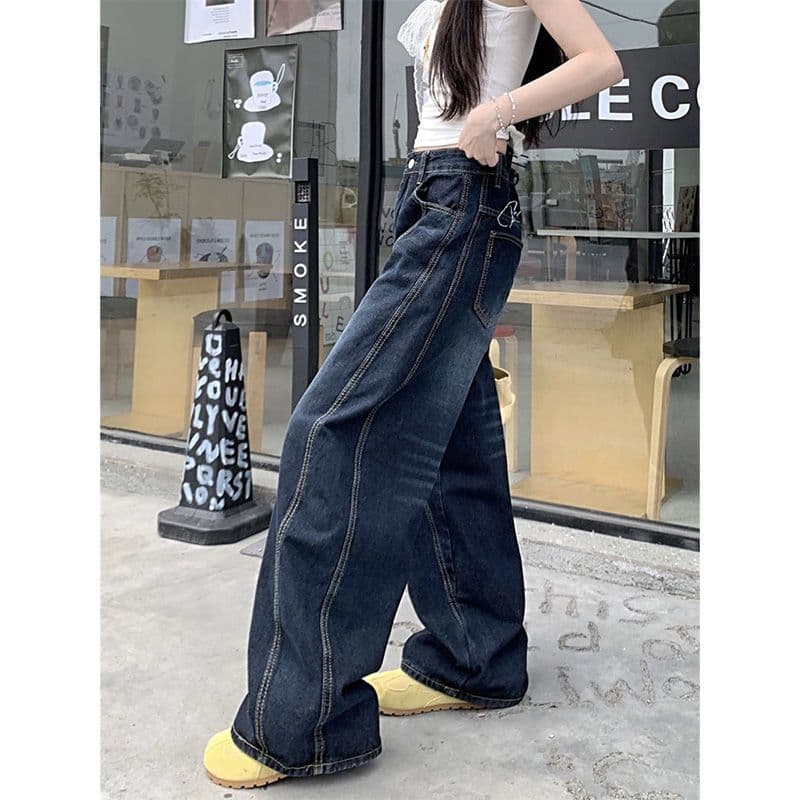 모통이 칼 디자인 워싱 새로운 청바지 아메리칸 레트로 높음 거리 자수 바닥 청소 루즈핏 넓은 다리 길이 바지 바지 이미지 3