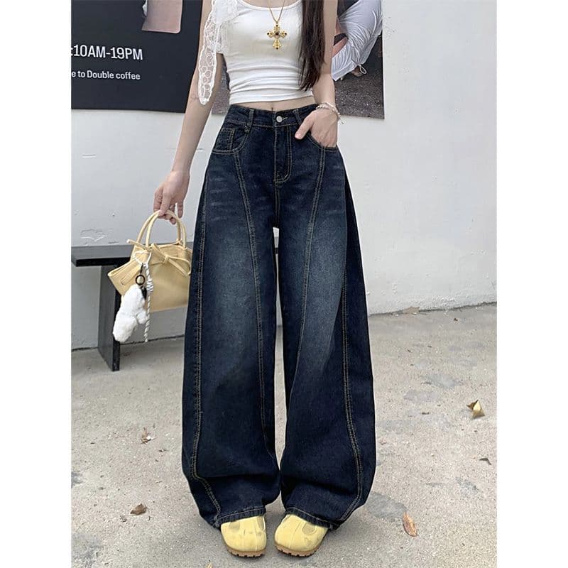 모통이 칼 디자인 워싱 새로운 청바지 아메리칸 레트로 높음 거리 자수 바닥 청소 루즈핏 넓은 다리 길이 바지 바지