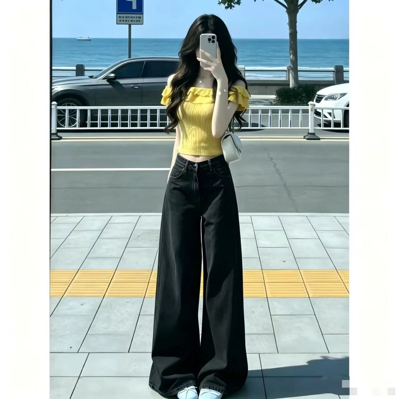 쌀 살구 색상 하이웨이스트 가을 여름 청바지 여성 넓은 다리 다용도 새로운 루즈핏 슬림해 보이는 바닥 청소 바지 상세 이미지 1