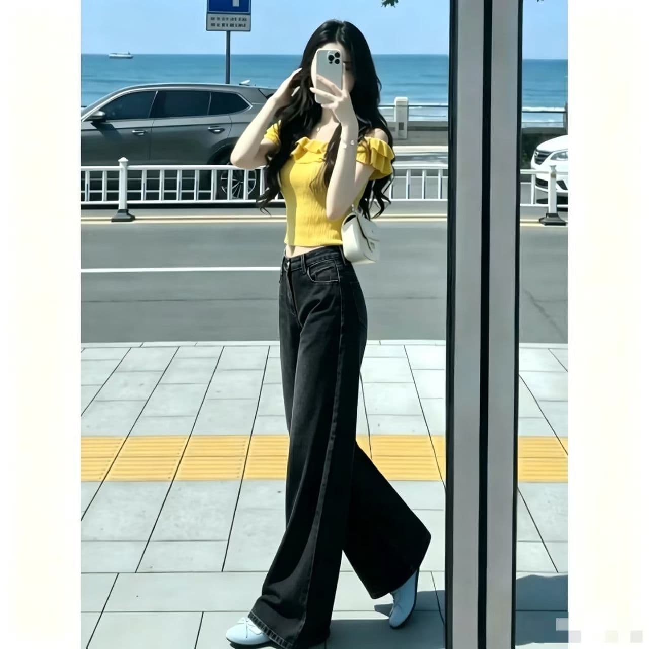쌀 살구 색상 하이웨이스트 가을 여름 청바지 여성 넓은 다리 다용도 새로운 루즈핏 슬림해 보이는 바닥 청소 바지 상세 이미지 10