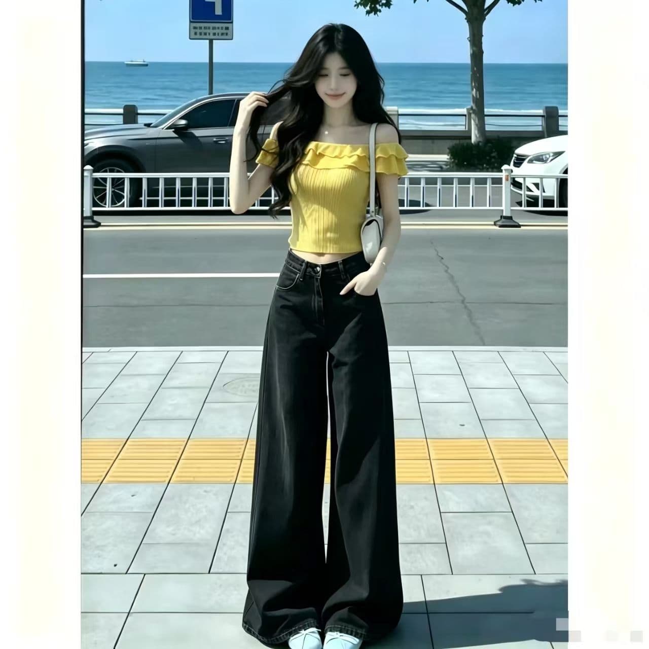 쌀 살구 색상 하이웨이스트 가을 여름 청바지 여성 넓은 다리 다용도 새로운 루즈핏 슬림해 보이는 바닥 청소 바지 상세 이미지 9