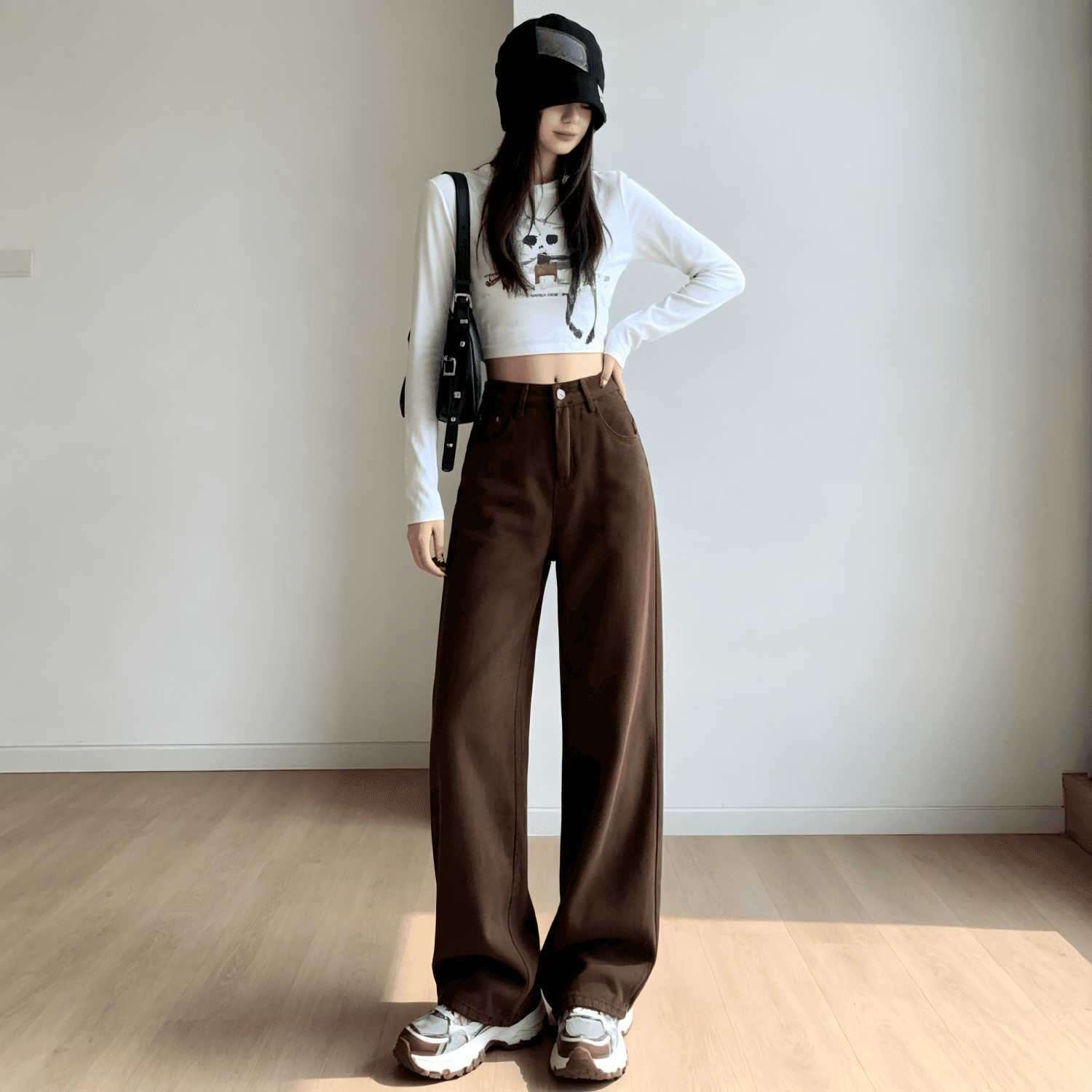 아메리칸 커피 색상 좁은 에디션 넓은 다리 청바지 여성 가을 새로운 레트로 하이웨이스트 슬림해 보이는 바닥 청소 스트레이트 팬츠 이미지 4