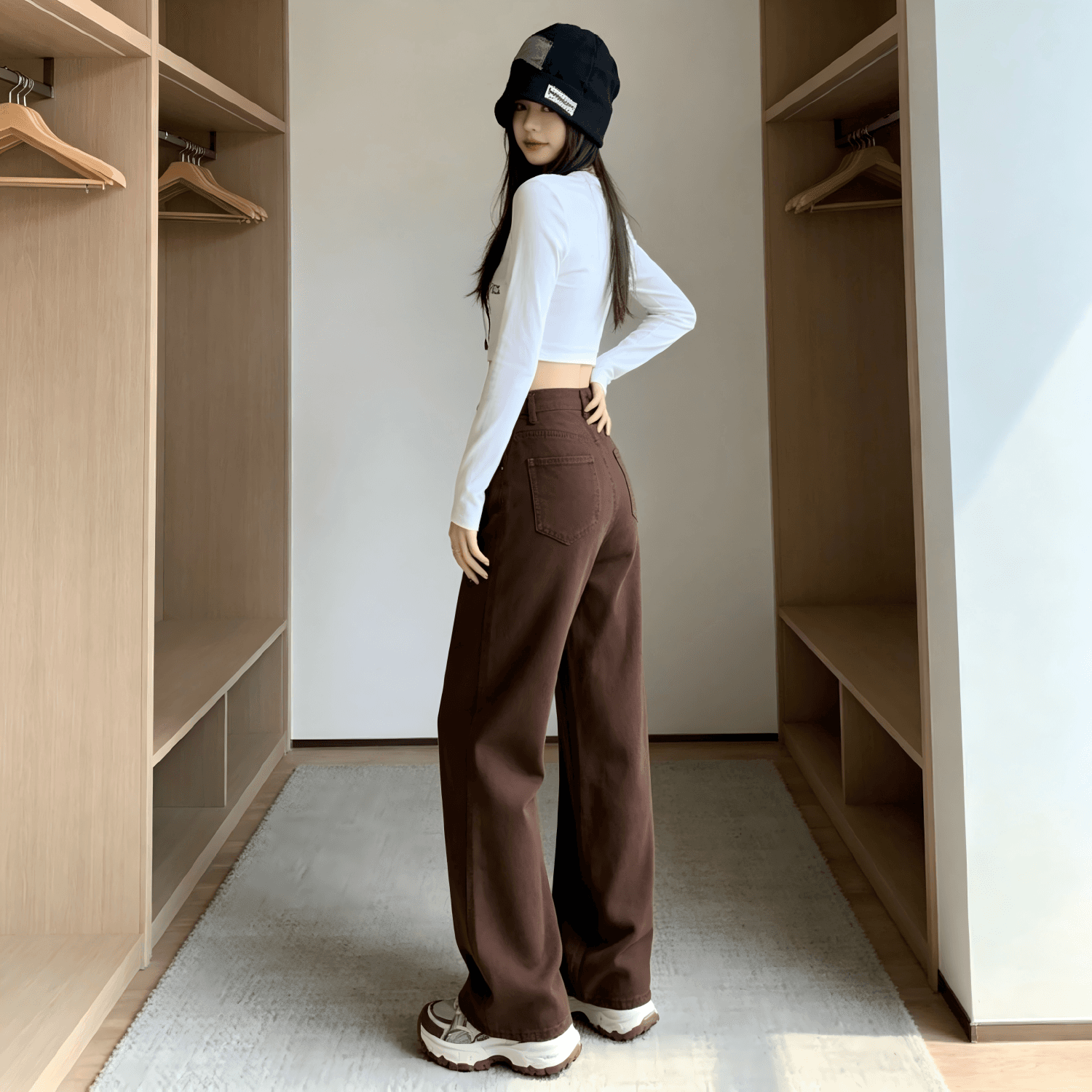아메리칸 커피 색상 좁은 에디션 넓은 다리 청바지 여성 가을 새로운 레트로 하이웨이스트 슬림해 보이는 바닥 청소 스트레이트 팬츠 상세 이미지 2