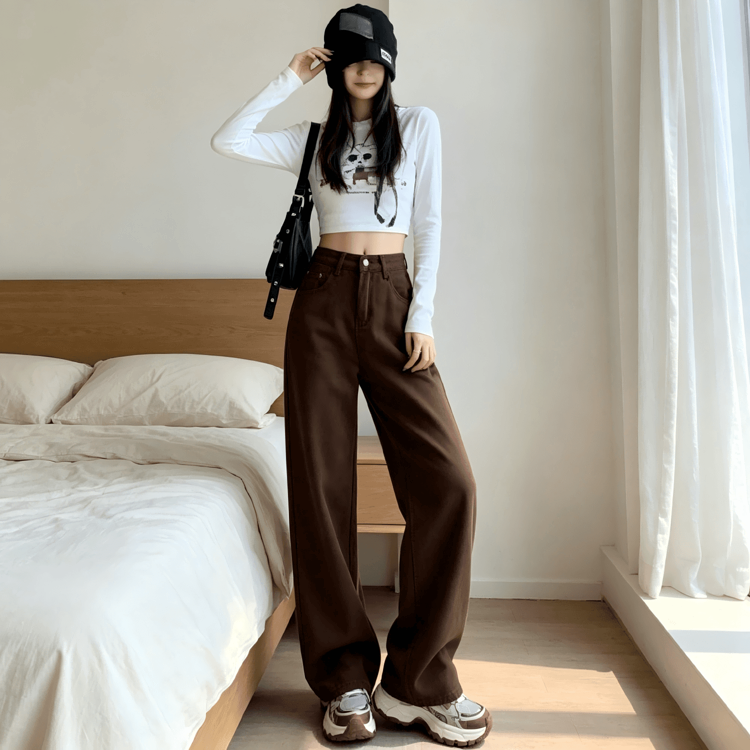 아메리칸 커피 색상 좁은 에디션 넓은 다리 청바지 여성 가을 새로운 레트로 하이웨이스트 슬림해 보이는 바닥 청소 스트레이트 팬츠 상세 이미지 9