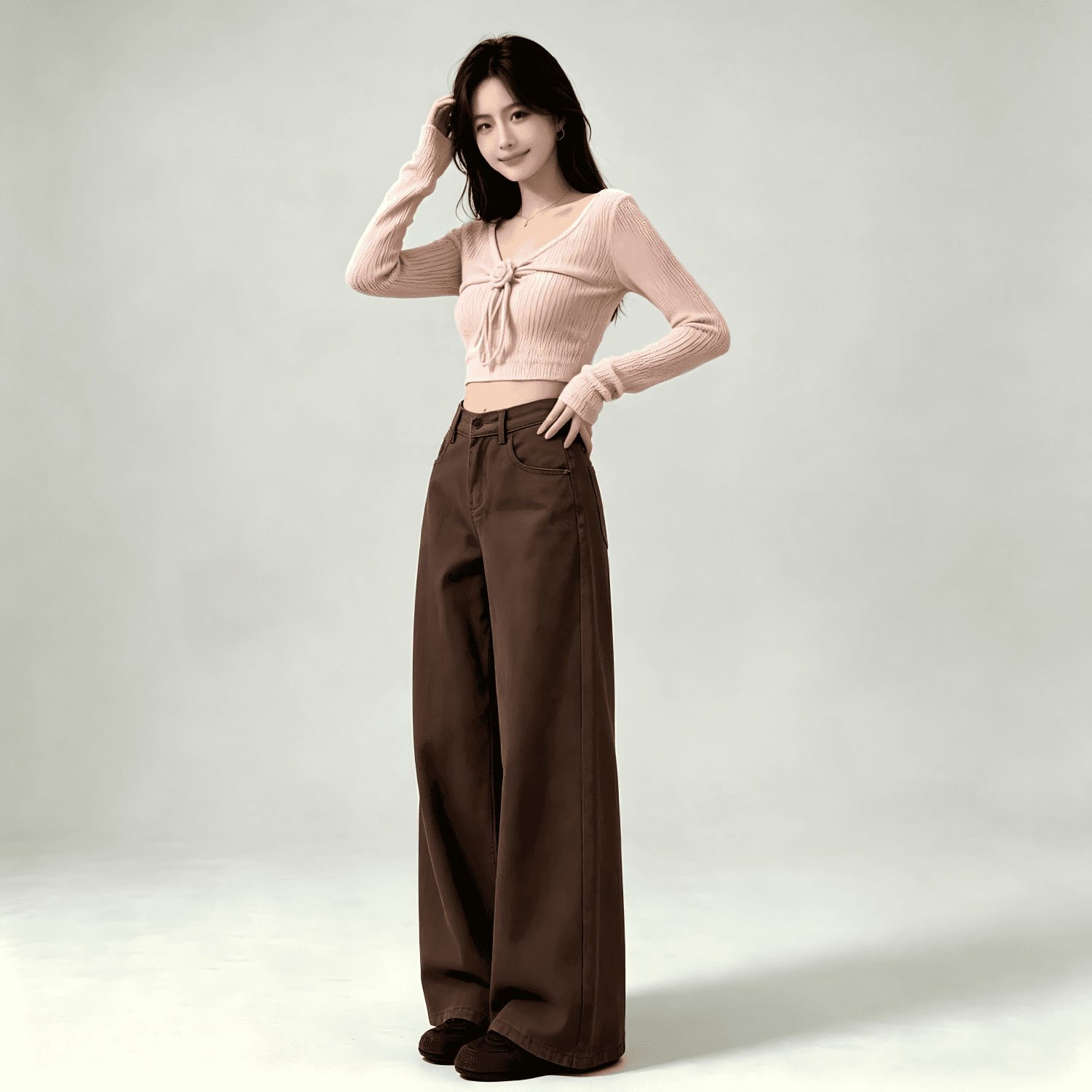 아메리칸 작은 키 카키 색 넓은 다리 청바지 여성 가을 새로운 하이웨이스트 루즈핏 아니요 막대기 다리 도루 센스 바닥 청소 바지 이미지 5