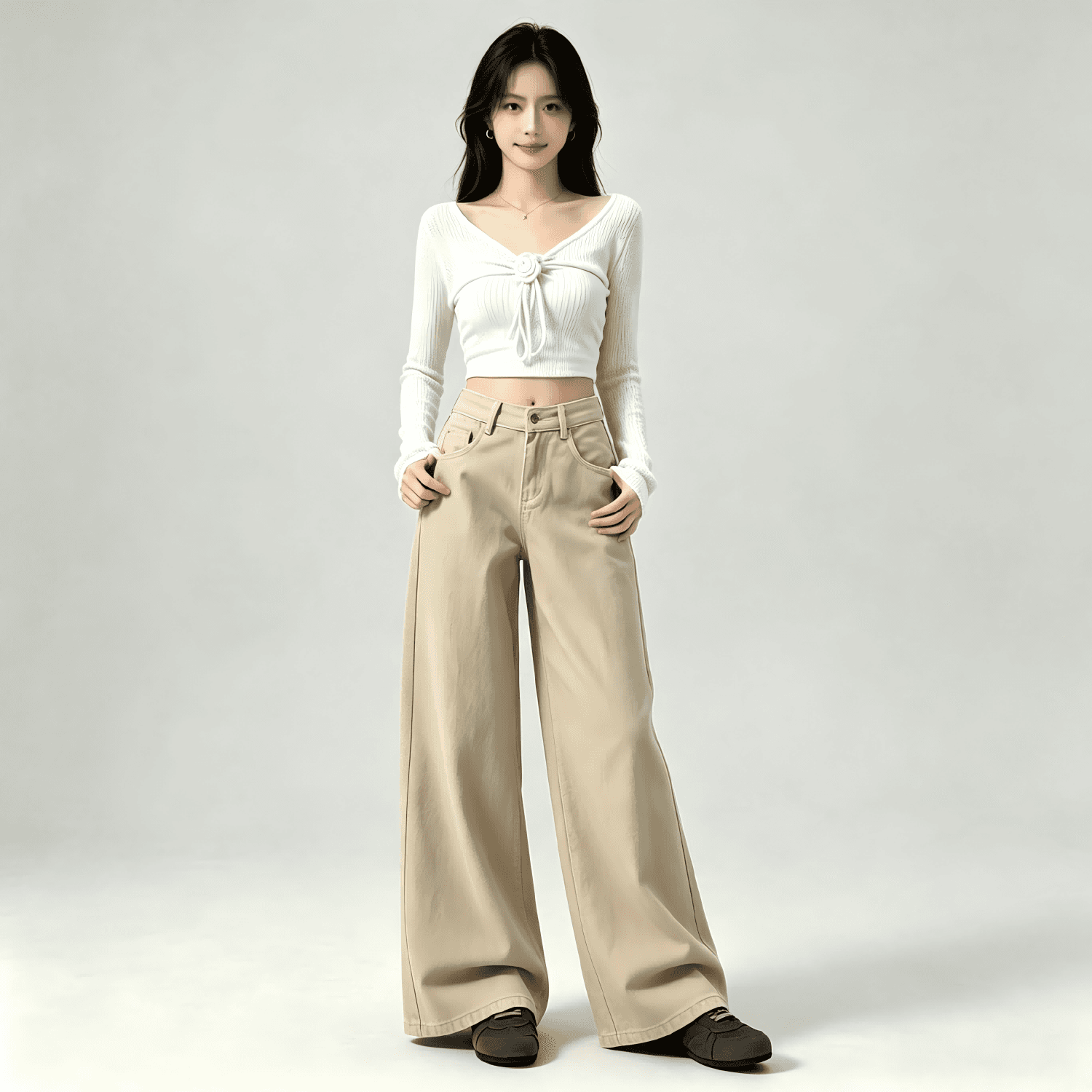 아메리칸 작은 키 카키 색 넓은 다리 청바지 여성 가을 새로운 하이웨이스트 루즈핏 아니요 막대기 다리 도루 센스 바닥 청소 바지 상세 이미지 2
