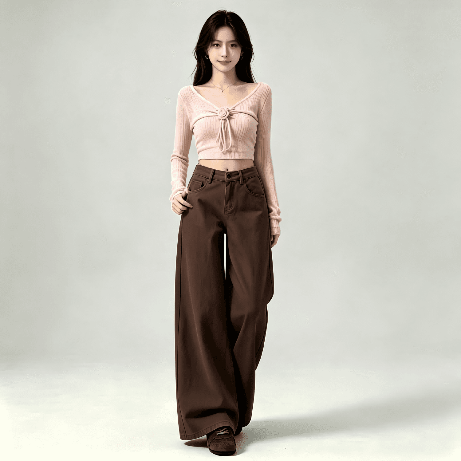아메리칸 작은 키 카키 색 넓은 다리 청바지 여성 가을 새로운 하이웨이스트 루즈핏 아니요 막대기 다리 도루 센스 바닥 청소 바지 상세 이미지 10
