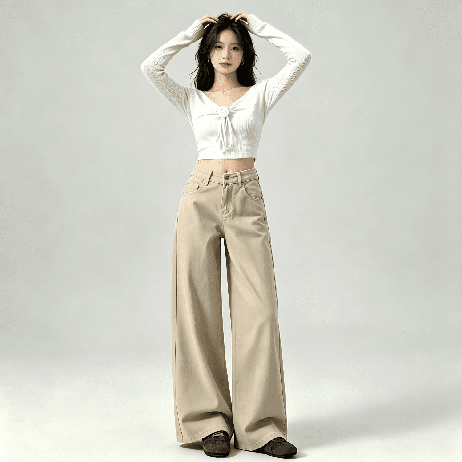 아메리칸 작은 키 커피 색상 넓은 다리 청바지 여성 가을 새로운 하이웨이스트 루즈핏 아니요 막대기 다리 도루 센스 바닥 청소 긴 바지 이미지 4
