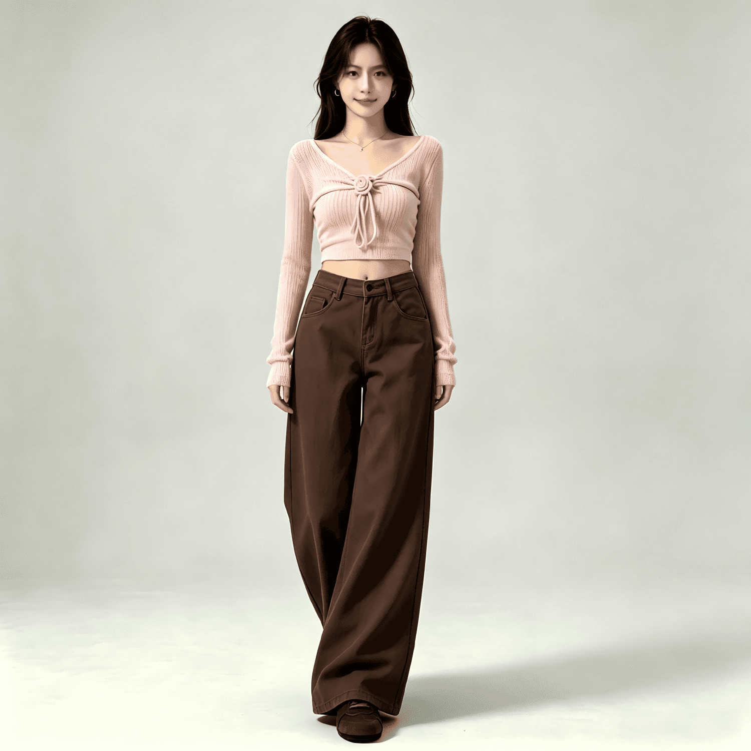 아메리칸 작은 키 커피 색상 넓은 다리 청바지 여성 가을 새로운 하이웨이스트 루즈핏 아니요 막대기 다리 도루 센스 바닥 청소 긴 바지
