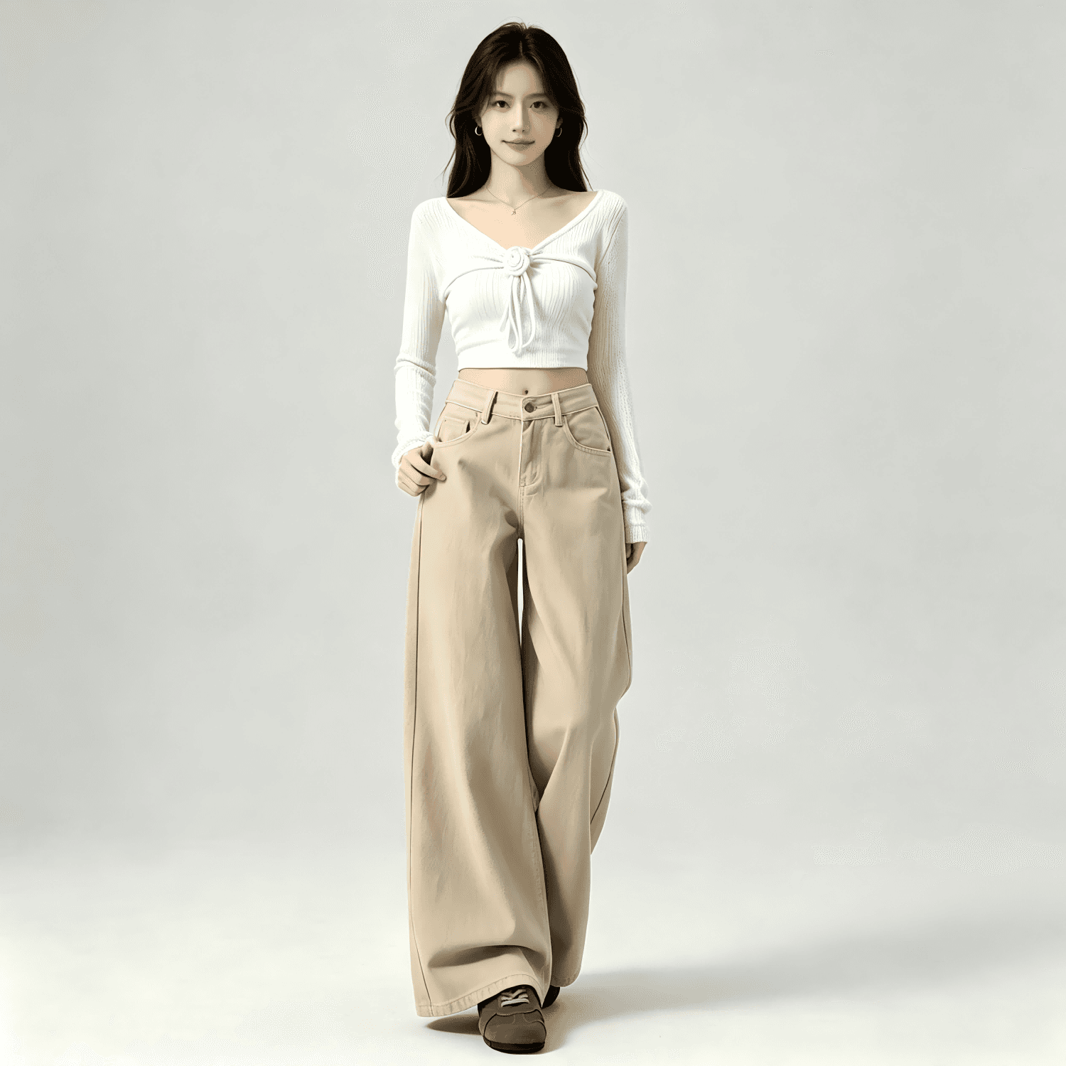 아메리칸 작은 키 커피 색상 넓은 다리 청바지 여성 가을 새로운 하이웨이스트 루즈핏 아니요 막대기 다리 도루 센스 바닥 청소 긴 바지 이미지 5