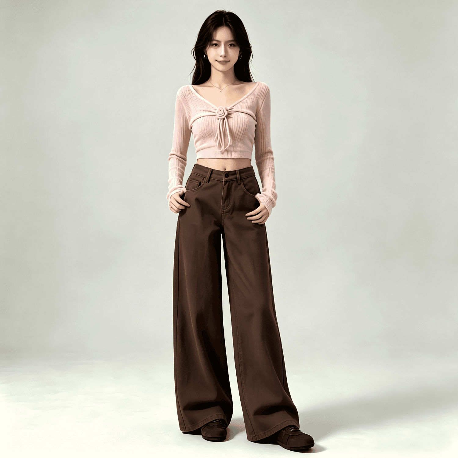 아메리칸 작은 키 커피 색상 넓은 다리 청바지 여성 가을 새로운 하이웨이스트 루즈핏 아니요 막대기 다리 도루 센스 바닥 청소 긴 바지 상세 이미지 15