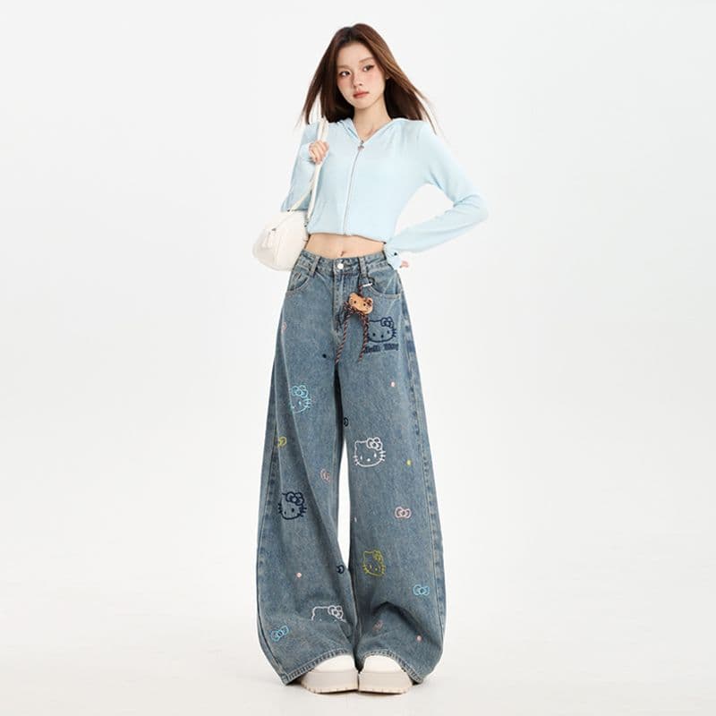 이른 가을 아메리칸 레트로 자수 만화 고양이 넓은 다리 청바지 여성 루즈핏 슬림해 보이는 스트레이트 바닥 청소 바지