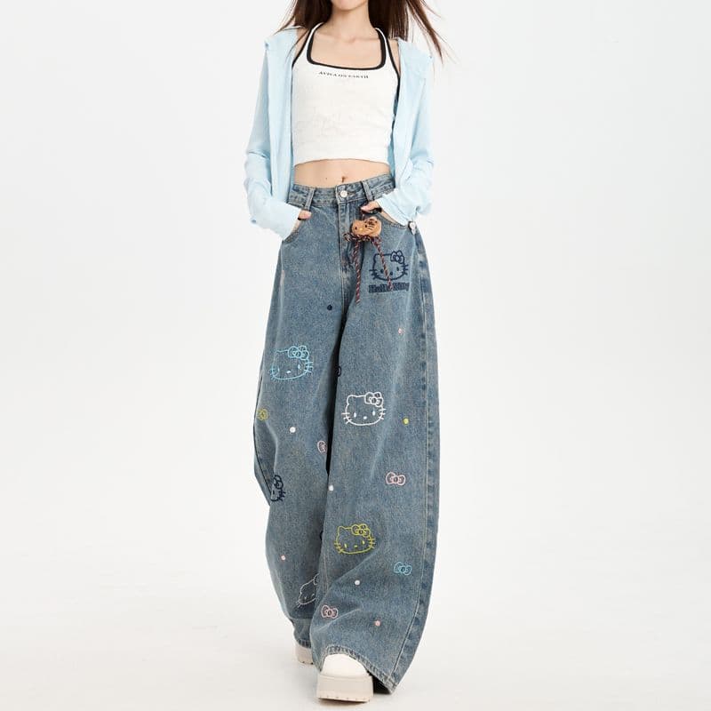 이른 가을 아메리칸 레트로 자수 만화 고양이 넓은 다리 청바지 여성 루즈핏 슬림해 보이는 스트레이트 바닥 청소 바지 이미지 3