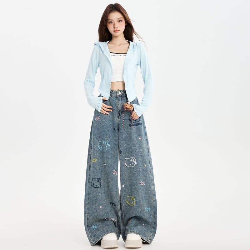 이른 가을 아메리칸 레트로 자수 만화 고양이 넓은 다리 청바지 여성 루즈핏 슬림해 보이는 스트레이트 바닥 청소 바지 이미지 5