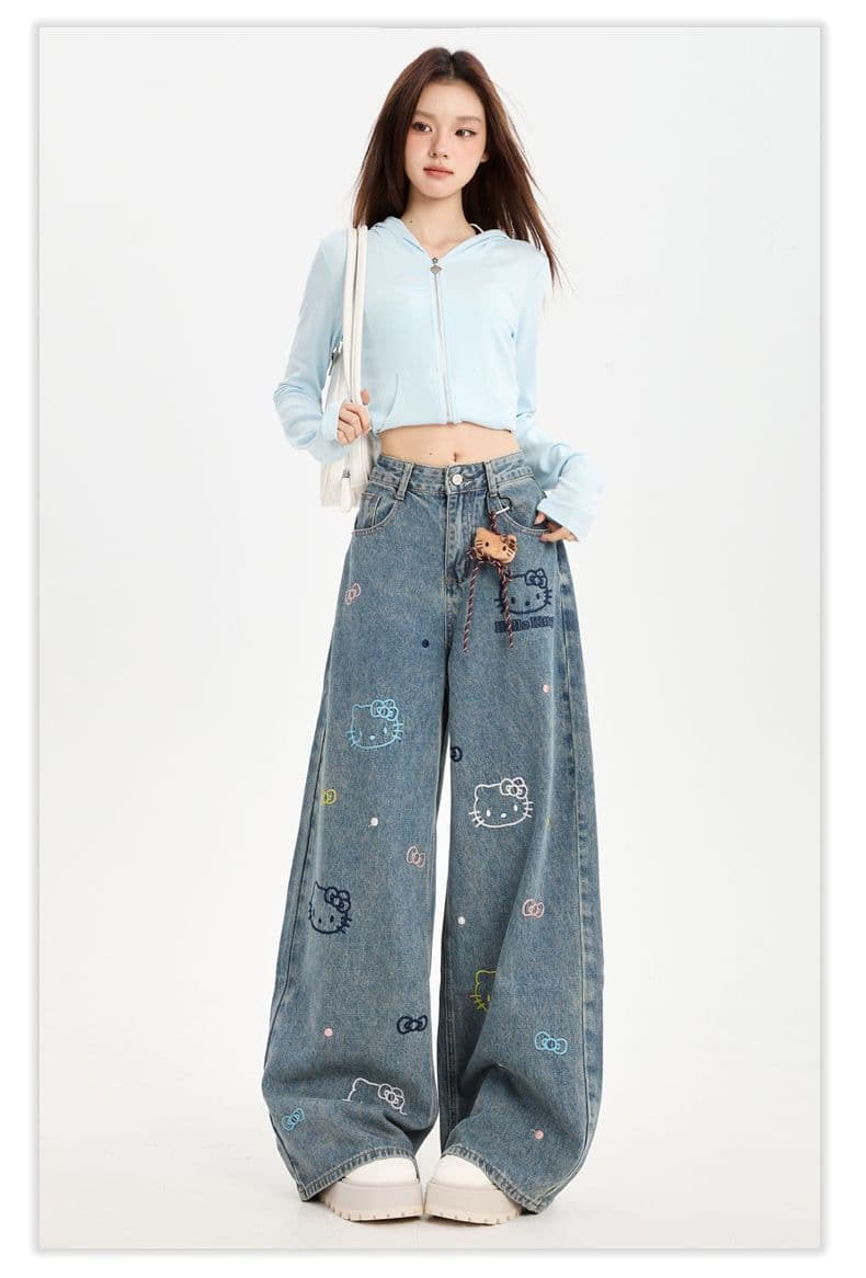 이른 가을 아메리칸 레트로 자수 만화 고양이 넓은 다리 청바지 여성 루즈핏 슬림해 보이는 스트레이트 바닥 청소 바지 상세 이미지 10