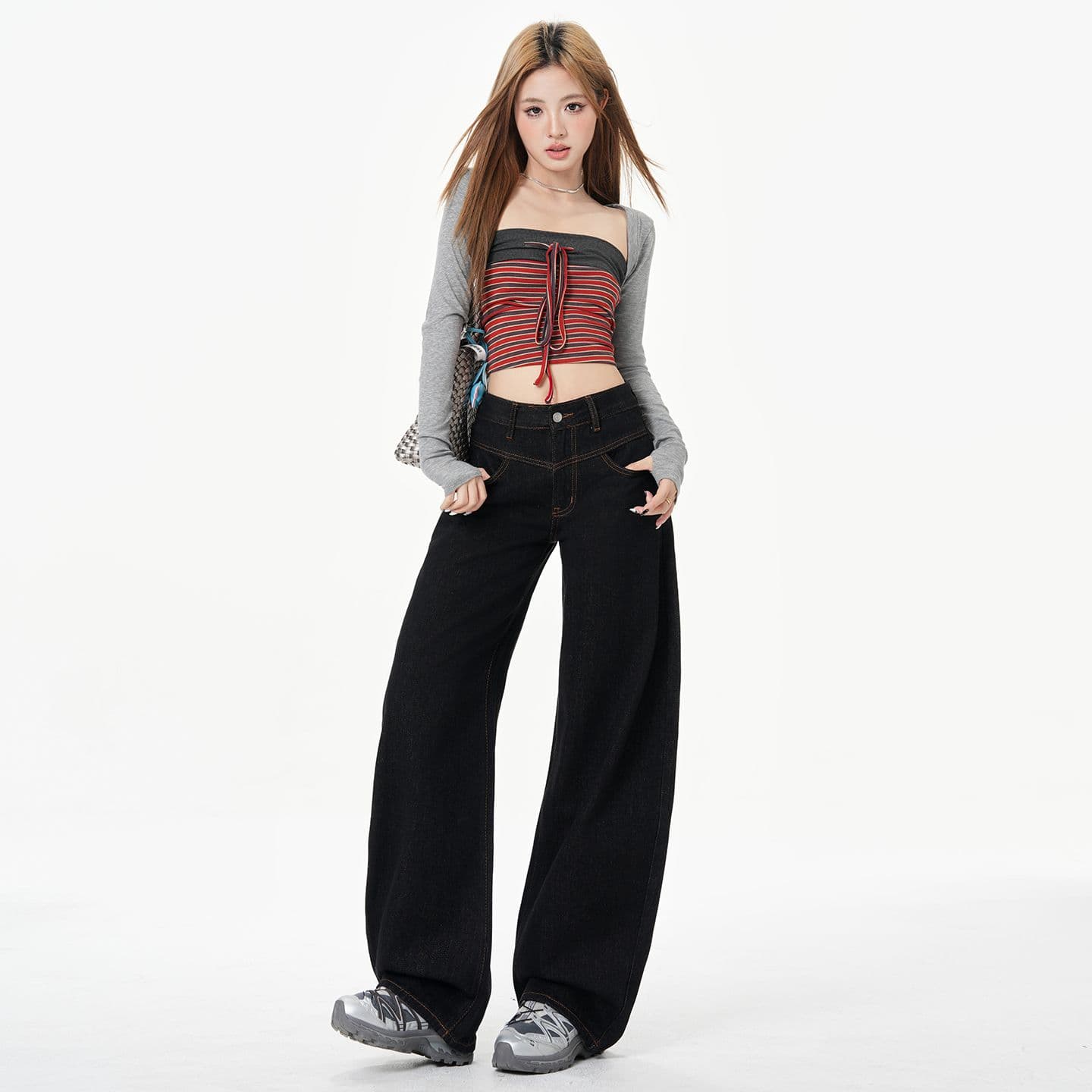 아메리칸 로우 웨이스트 국방 퇴색하다 모통이 칼 데님 와이드 레깅스 바지 2026 가을 새로운 디자인 센스 루즈핏 슬림해 보이는 긴 바지