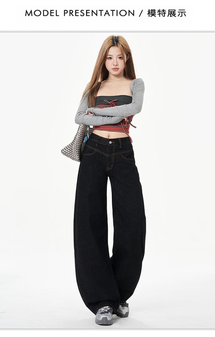 아메리칸 로우 웨이스트 국방 퇴색하다 모통이 칼 데님 와이드 레깅스 바지 2026 가을 새로운 디자인 센스 루즈핏 슬림해 보이는 긴 바지 상세 이미지 10