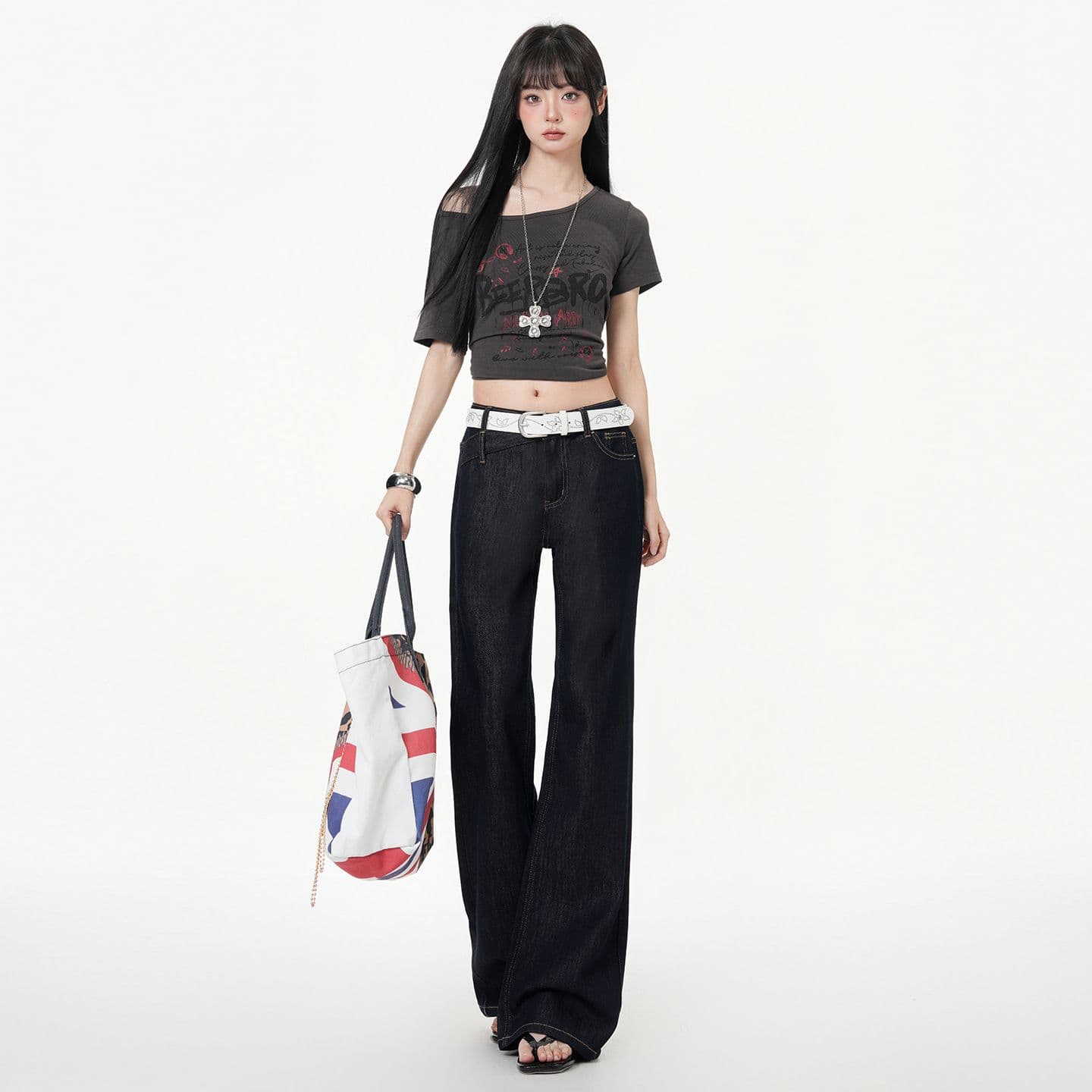 아메리칸 단 닝 진한 파란색 부츠컷 청바지 여성 2026 가을 새로운 로우 웨이스트 뜨거운 구슬 루즈핏 아니요 막대기 다리 나팔 바지