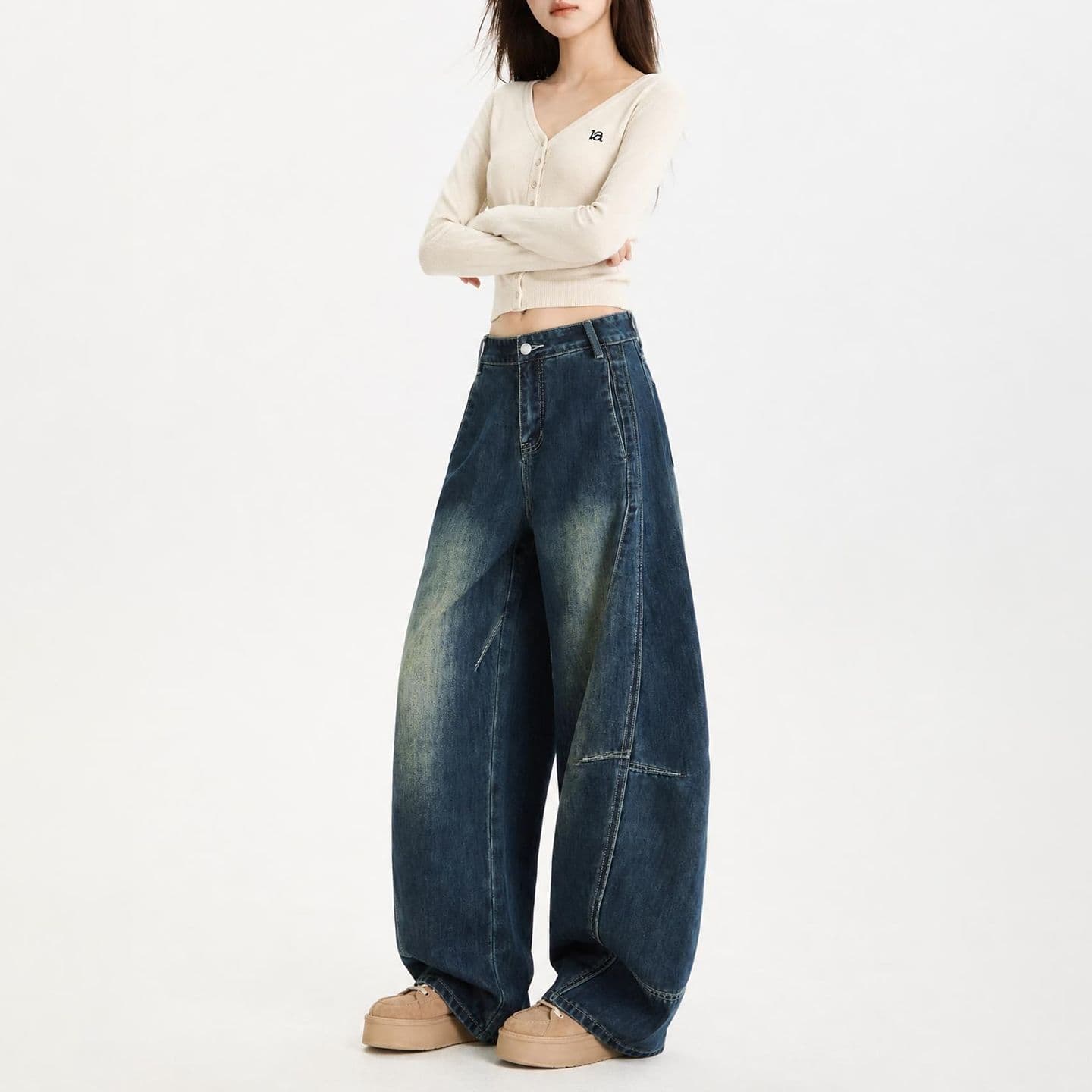 모통이 칼 청바지 아메리칸 레트로 노스탤지어 프로필 모양 루즈핏 가을 겨울철 캐주얼 느슨함 센스 패치워크 넓은 다리 데님 여성 이미지 4