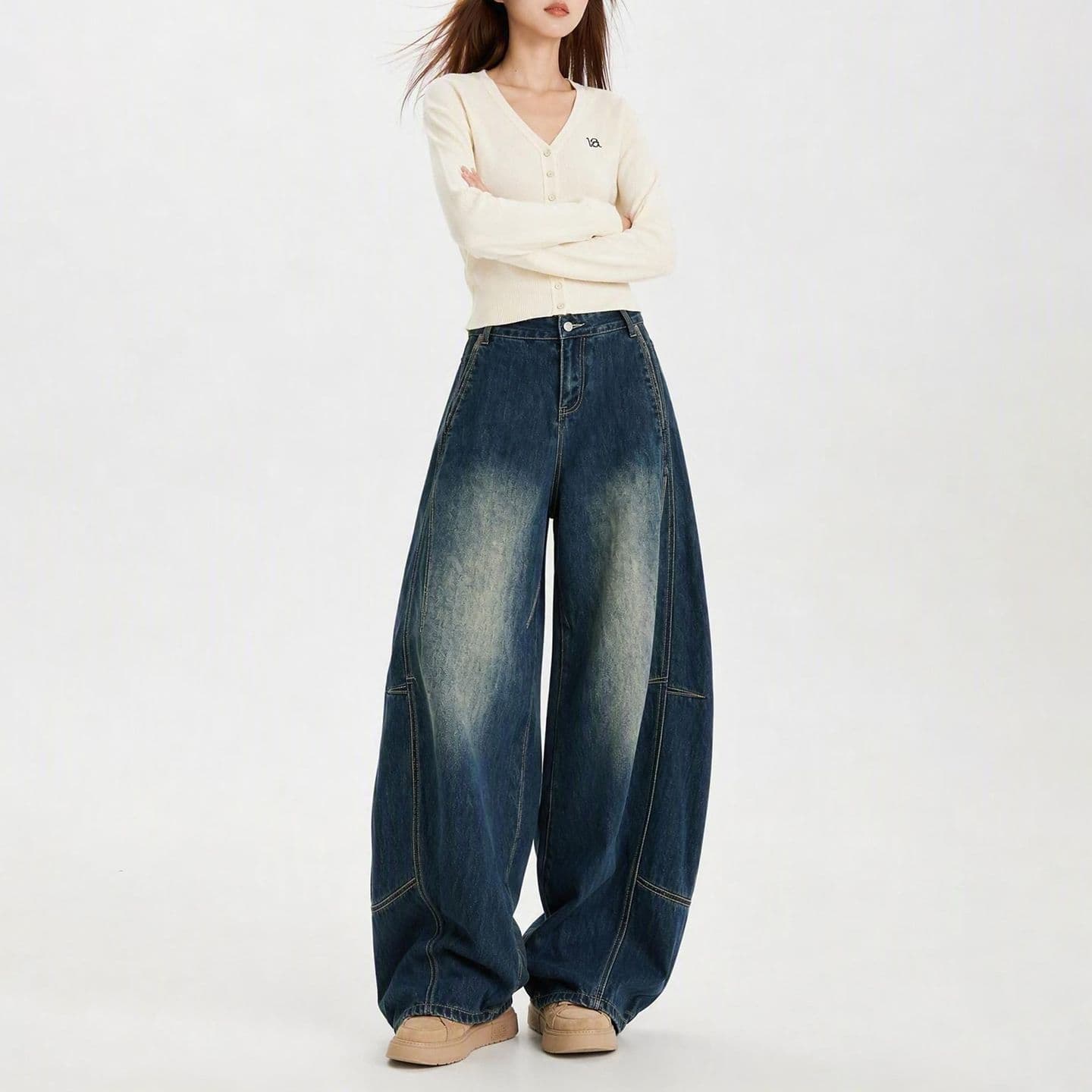 모통이 칼 청바지 아메리칸 레트로 노스탤지어 프로필 모양 루즈핏 가을 겨울철 캐주얼 느슨함 센스 패치워크 넓은 다리 데님 여성 이미지 3