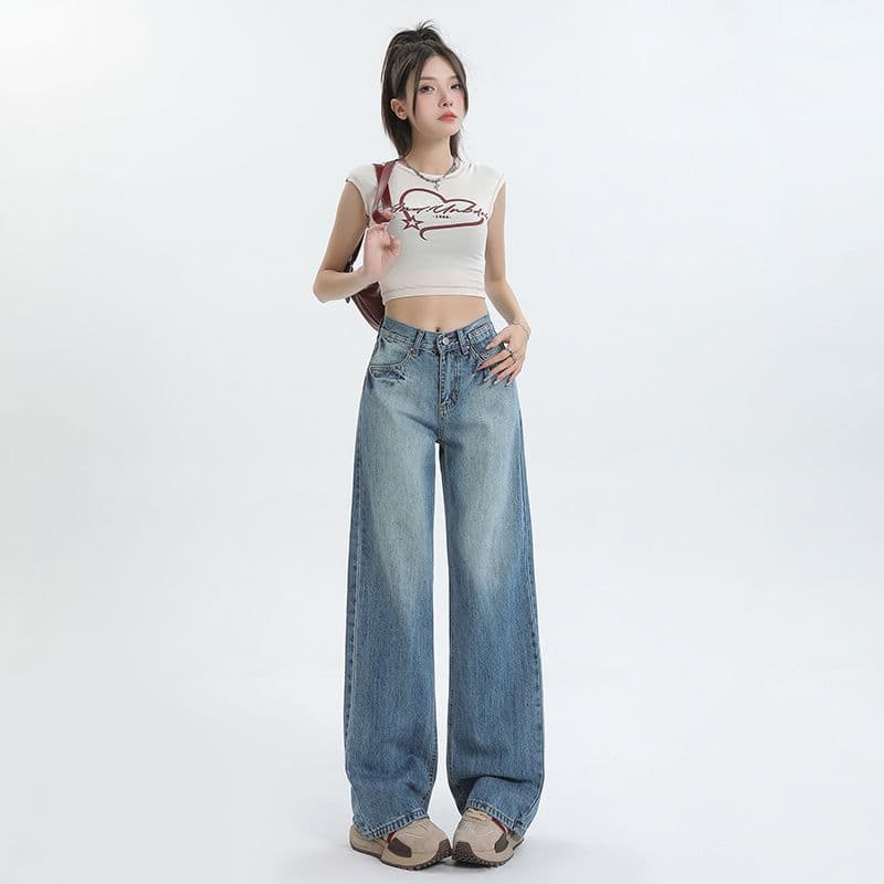 아메리칸 레트로 워싱 루즈핏 스트레이트 2026 가을 겨울 새로운 청바지 여성 다용도 도루 센스 와이드 레그 팬츠 어린이 이미지 3