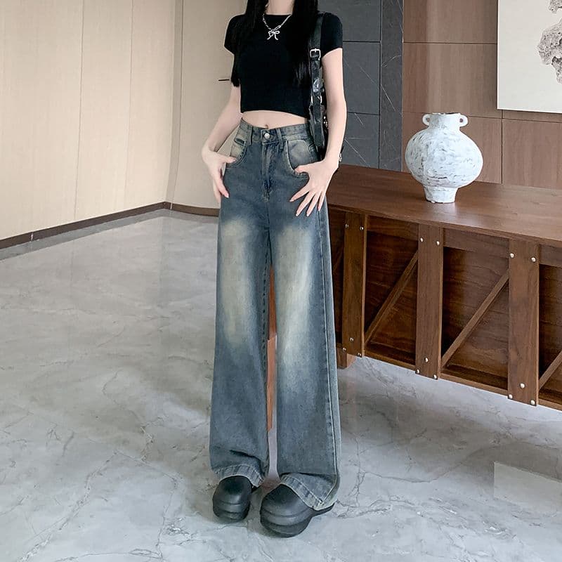 실사 2026 여름 새로운 레트로 마 오래된 넓은 다리 청바지 여성 하이웨이스트 슬림해 보이는 도루 센스 다용도 스트레이트 팬츠 상세 이미지 8