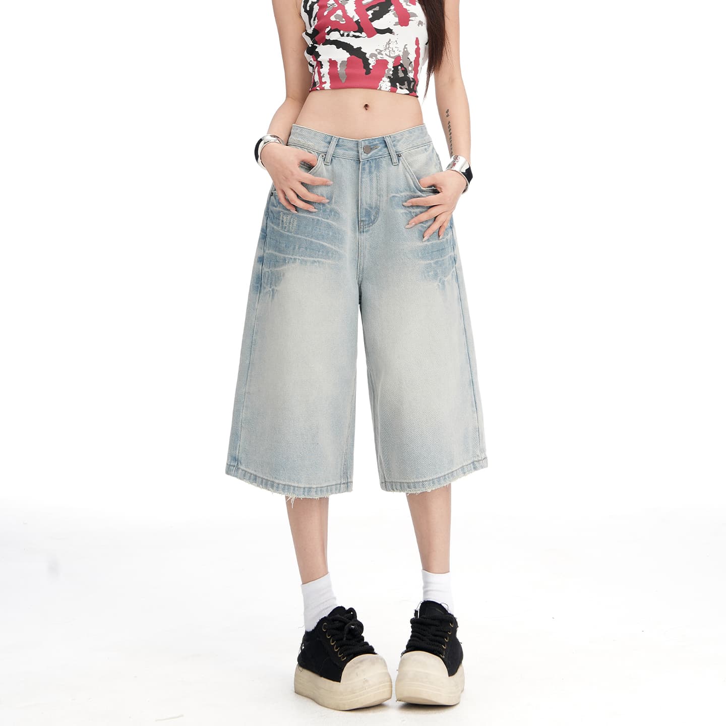 wify&2026 여름 새로운 아메리칸 레트로 스트레이트 넓은 다리 7 점 청바지 여성 루즈핏 작은 키 바지