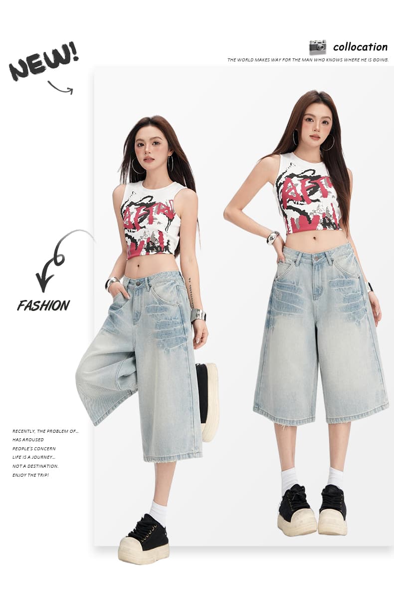 wify&2026 여름 새로운 아메리칸 레트로 스트레이트 넓은 다리 7 점 청바지 여성 루즈핏 작은 키 바지 상세 이미지 2