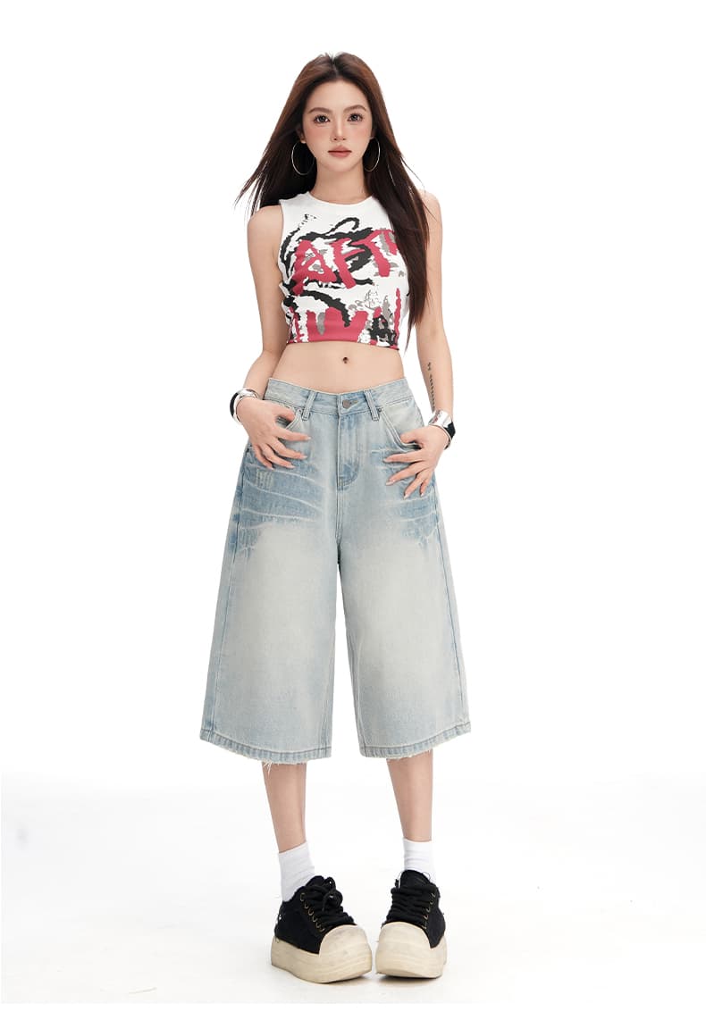 wify&2026 여름 새로운 아메리칸 레트로 스트레이트 넓은 다리 7 점 청바지 여성 루즈핏 작은 키 바지 상세 이미지 14