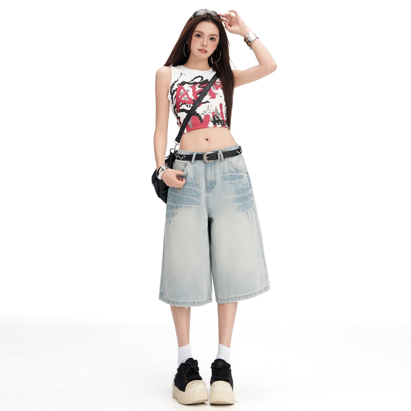 wify&2026 여름 새로운 아메리칸 레트로 스트레이트 넓은 다리 7 점 청바지 여성 루즈핏 작은 키 바지 상세 이미지 15